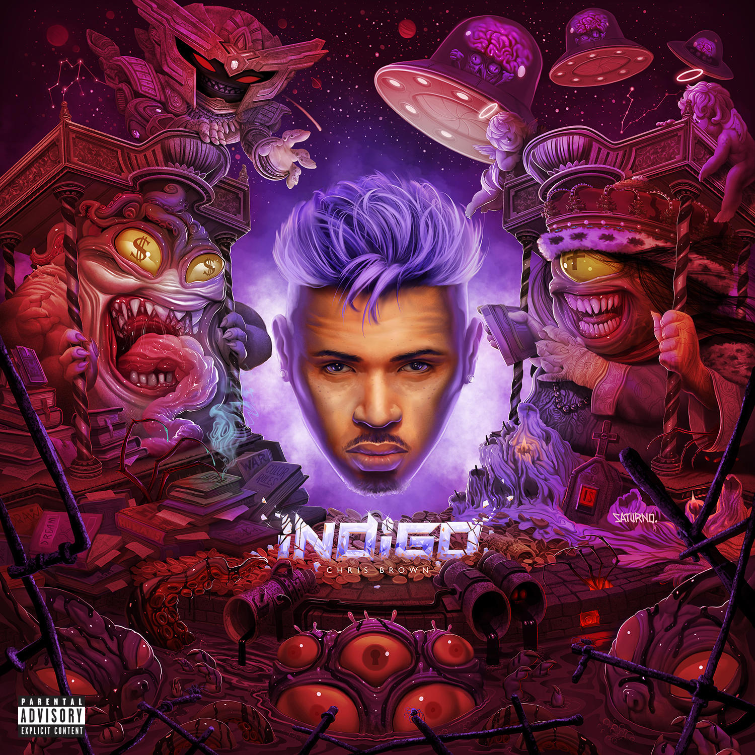 Album borító lila hajú férfival, fantázia lényekkel és az 'Indigo' szóval.