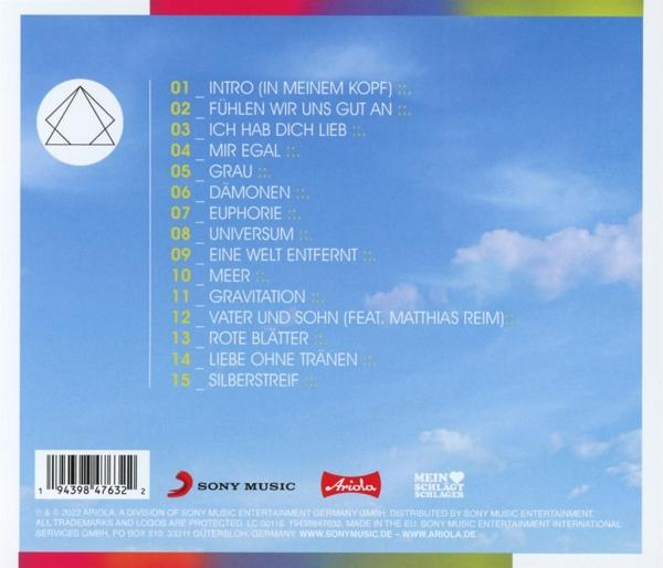 Ein CD-Cover mit Titelliste. Das Cover hat einen blau-weißen Hintergrund. Der Text ist auf Deutsch.