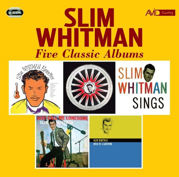 Albumcover mit Text 'SLIM WHITMAN' und Albumtiteln. Heller gelber Hintergrund mit mehreren Albumcovern.