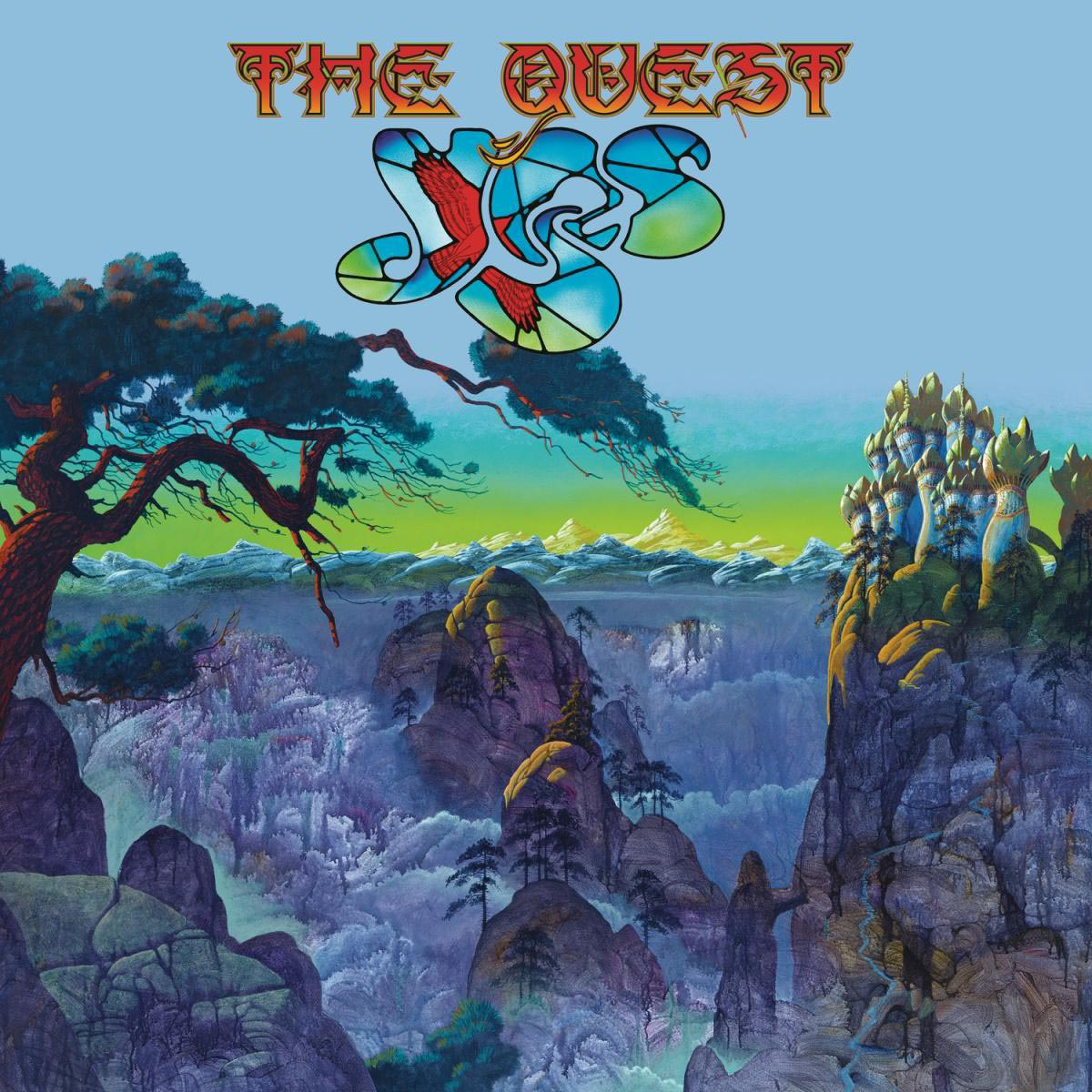 Albumcover für "The Quest" von Yes. Es zeigt eine Fantasy-Landschaft mit Bergen und einem Schloss.
