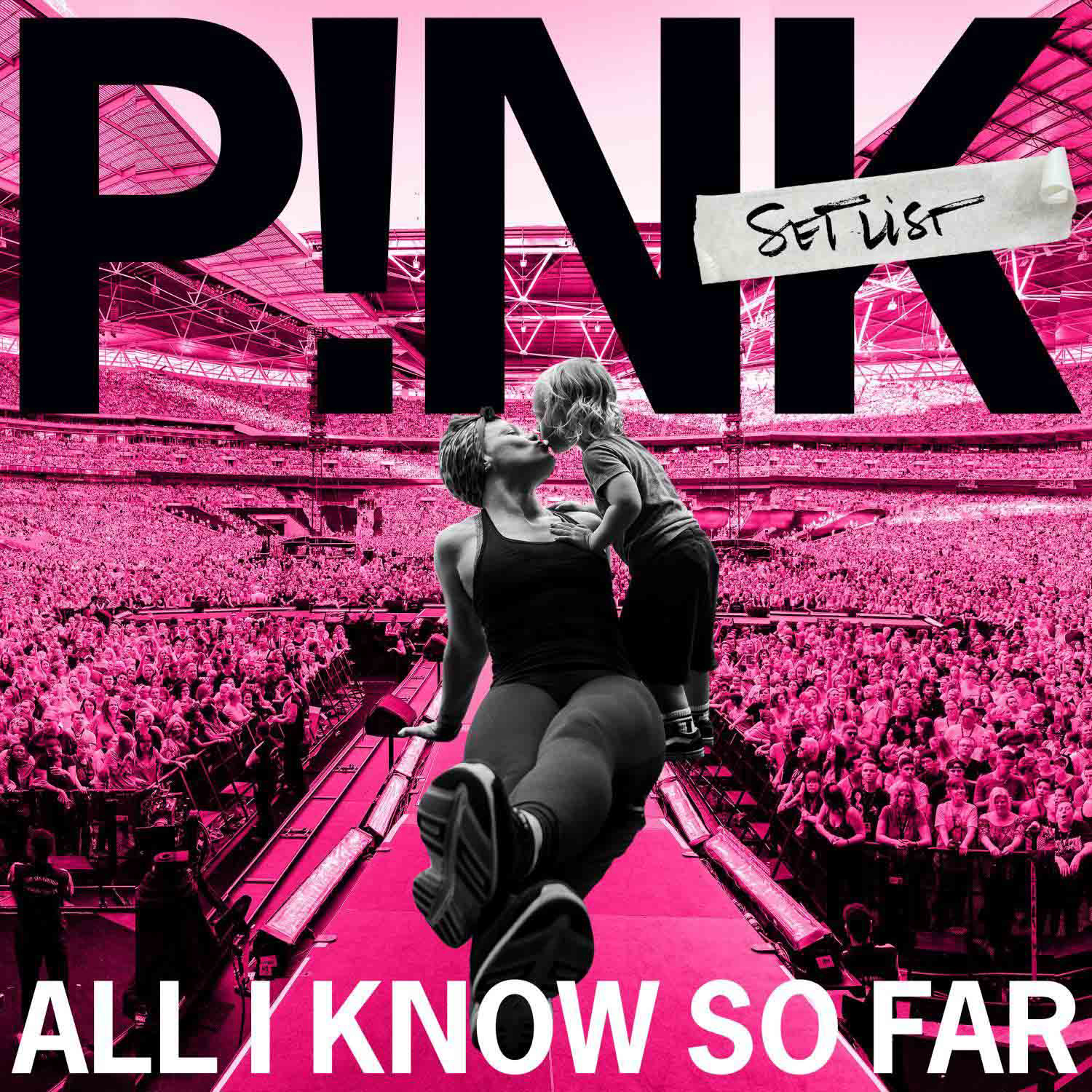 Pink Albumcover: Pink und Kind küssen sich vor einer Bühne und Menschenmenge in rosa Stadion.