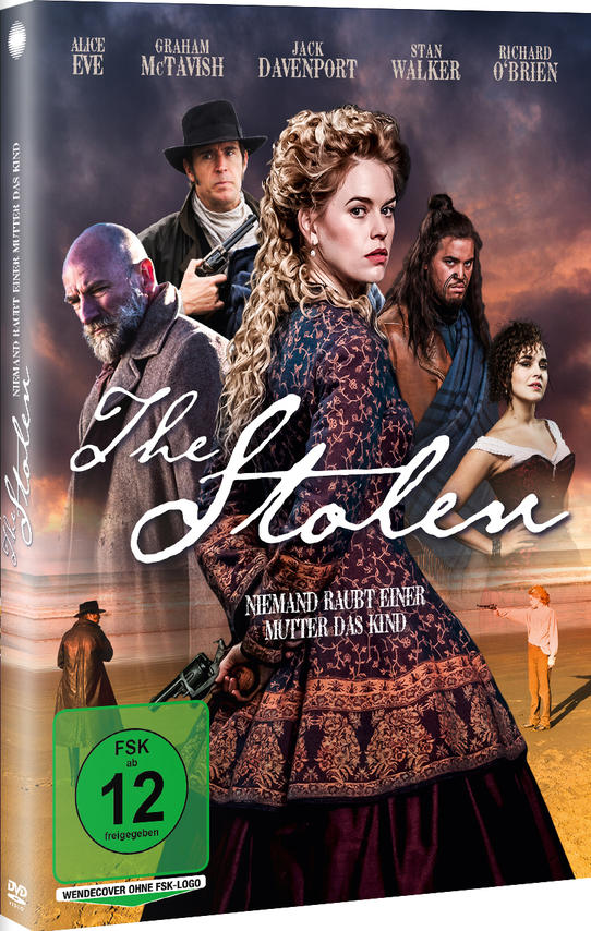 DVD-Cover von 'The Stolen' mit Schauspielern und Text. Eine Frau im Kleid steht im Mittelpunkt.