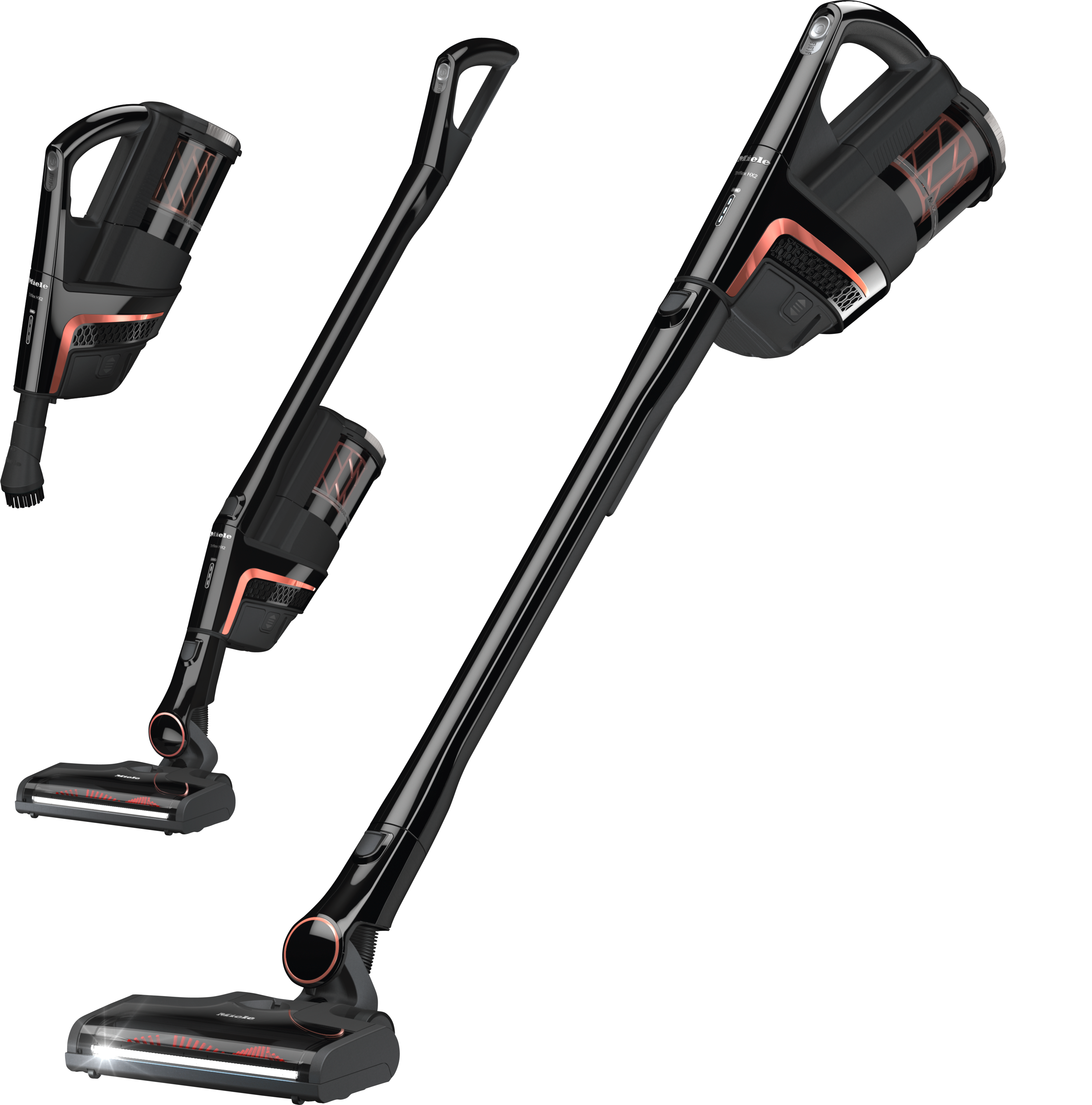 Black and copper cordless vacuum cleaners in various positions against a dark background.