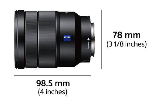 Schwarzes Kameraobjektiv mit Maßangaben und dem Zeiss-Logo.