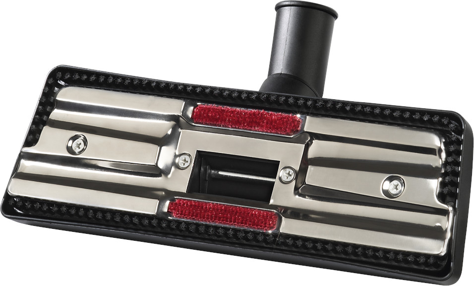 Stofzuigerkop. Het heeft een zilveren metalen basis en rode strips. Zwarte rand.
