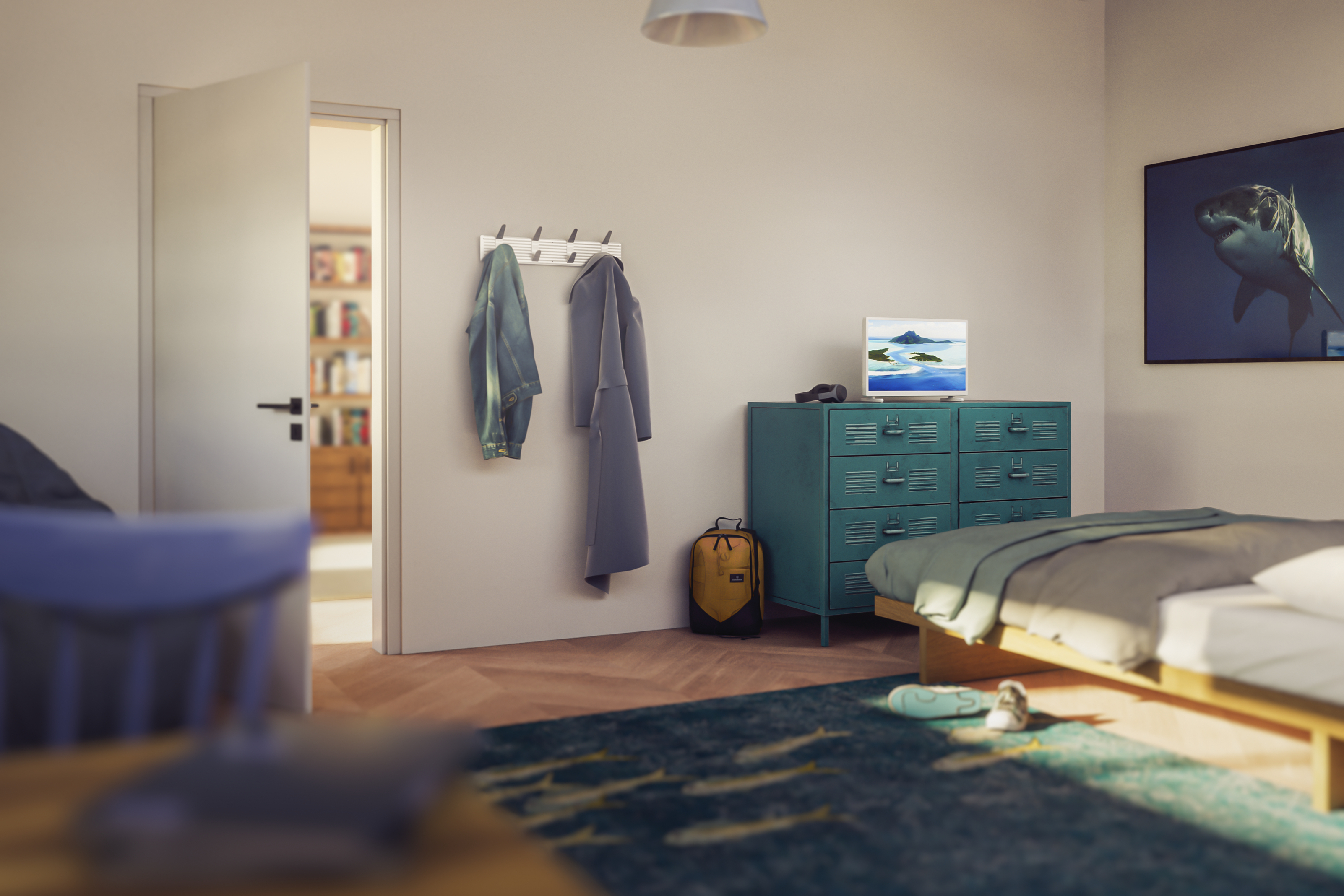 Schlafzimmer mit Bett, Teppich und Fernseher mit Hai.