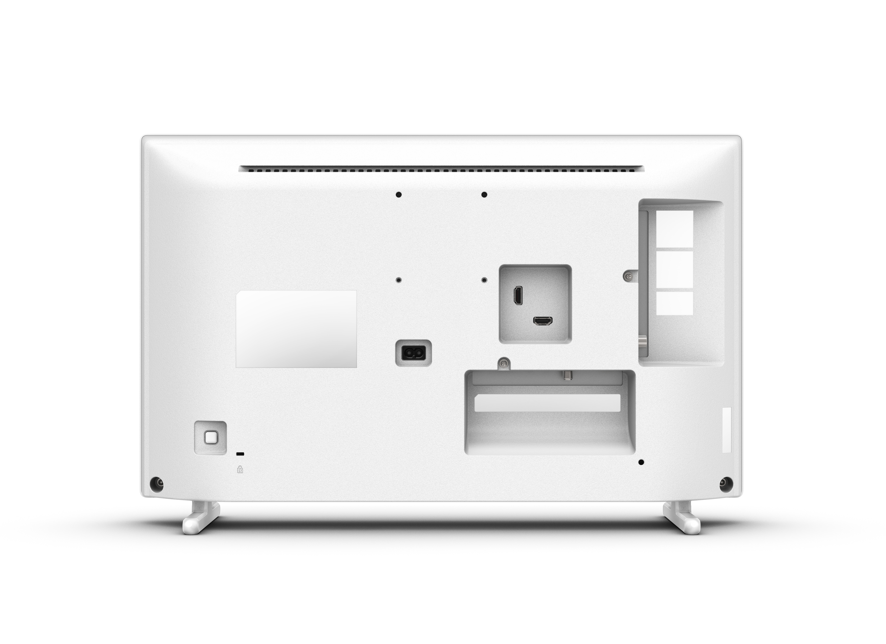 Weißer Monitor-TV mit einer Rückwand mit Anschlüssen und einem Ständer.