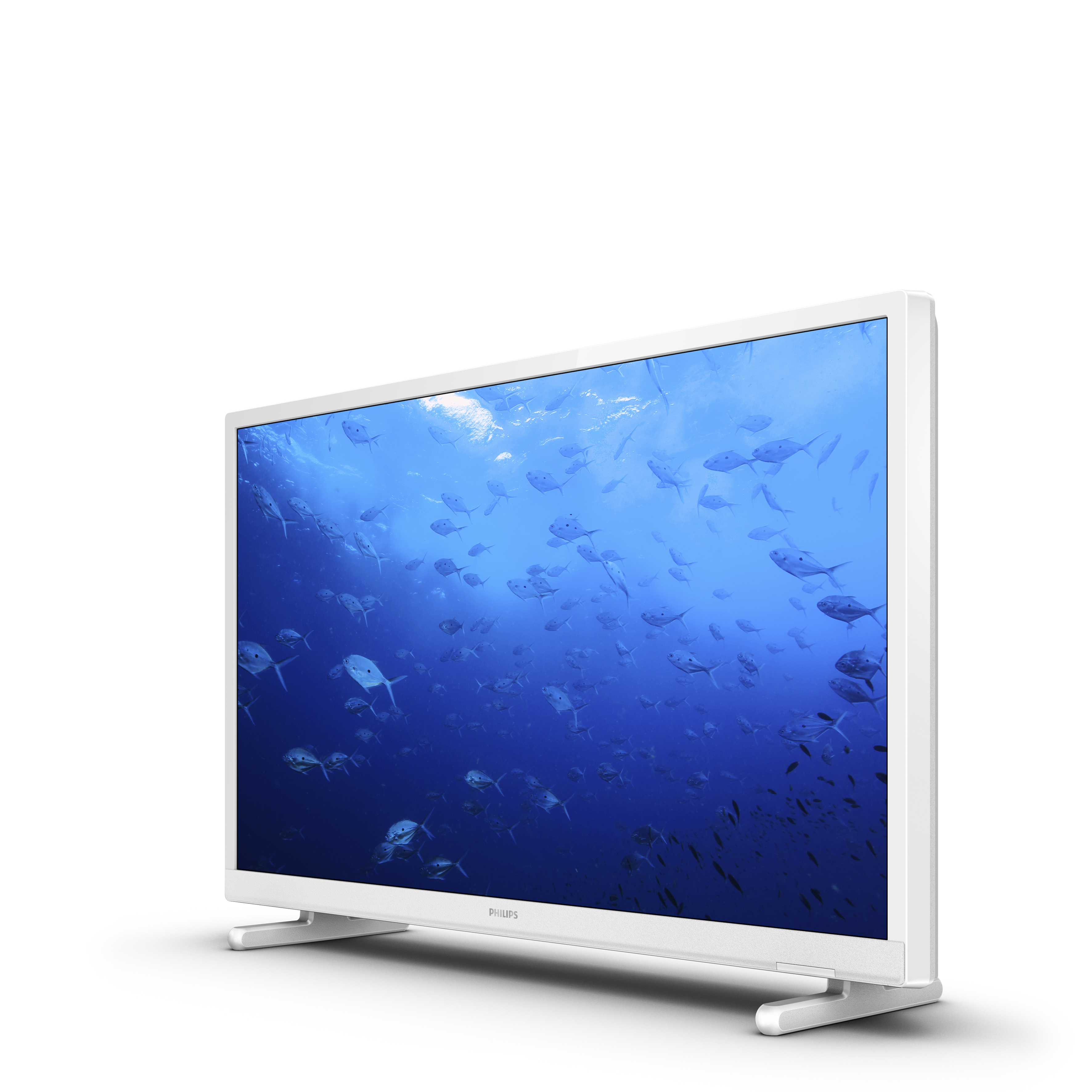 Weißer Fernseher mit einer Unterwasserszene mit Fischen.