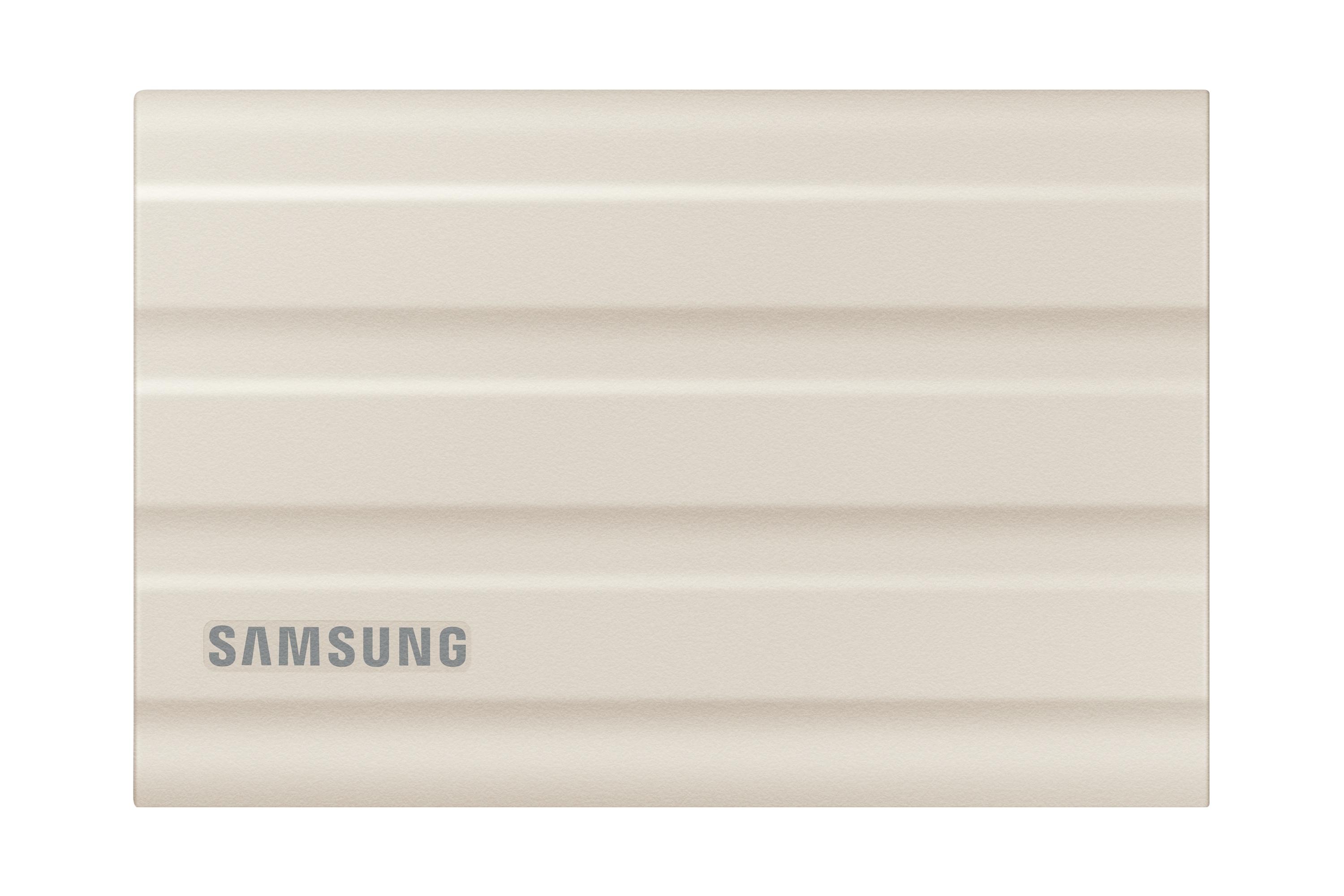 Beige, geribbelde externe harde schijf, Samsung-logo vooraan.