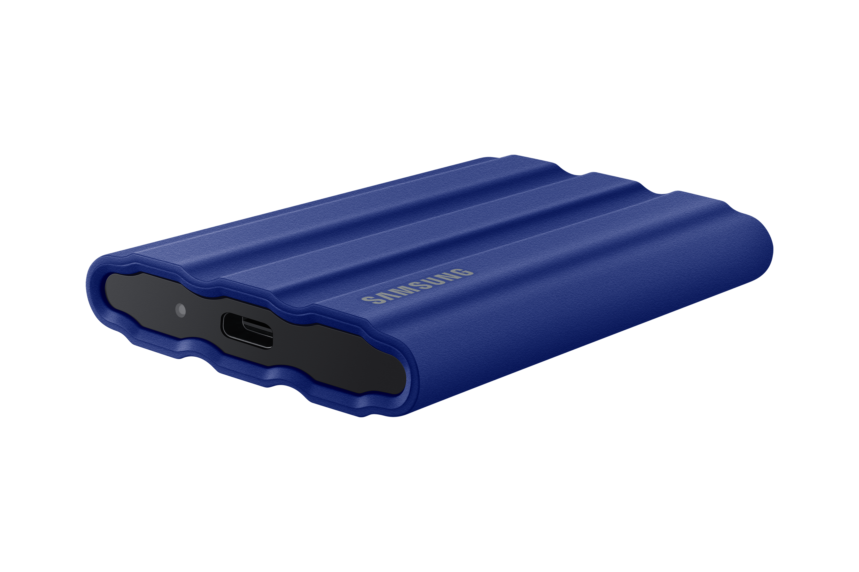 Blue Samsung portable hard drive, black details and a USB-C port. Black background.