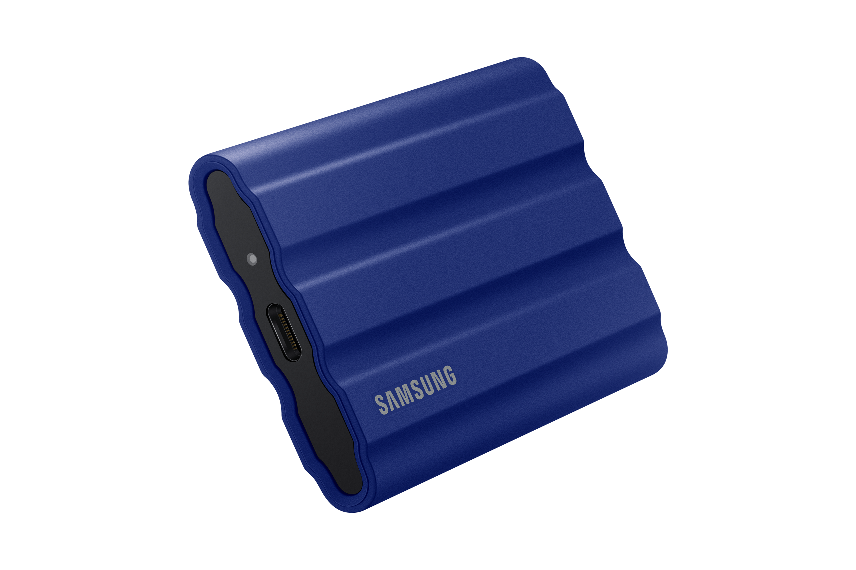 Blue Samsung portable SSD. It's a small, rectangular device with a ridged exterior.