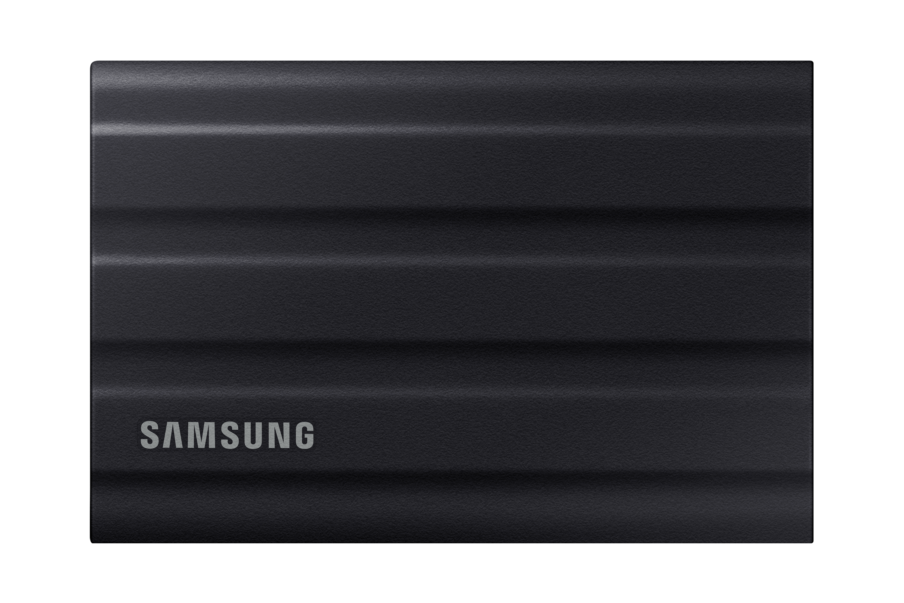 Zwarte Samsung externe harde schijf, met ribbels, op zwarte achtergrond. Samsung logo zichtbaar.