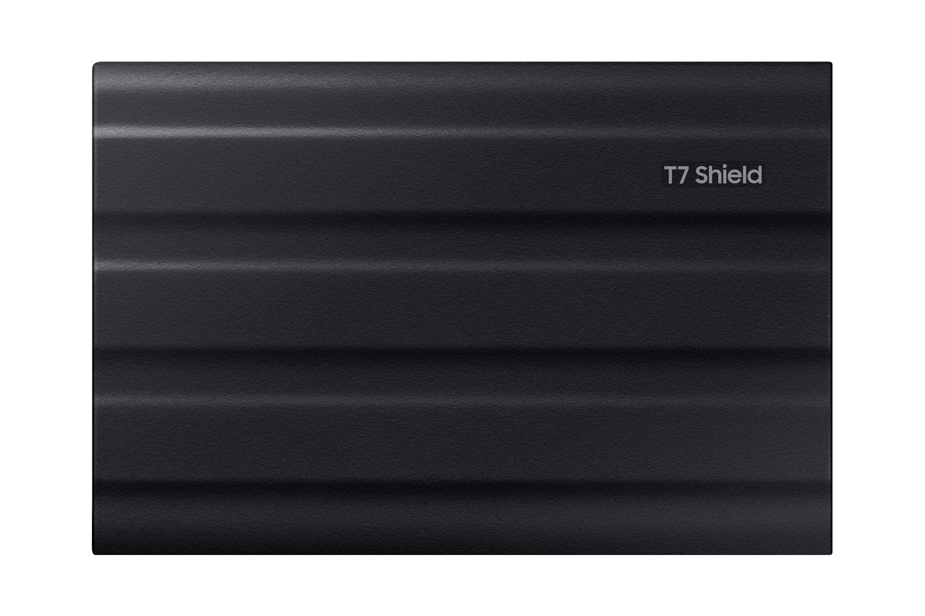 Zwarte T7 Shield externe SSD op zwarte achtergrond. Tekst 'T7 Shield' is zichtbaar.
