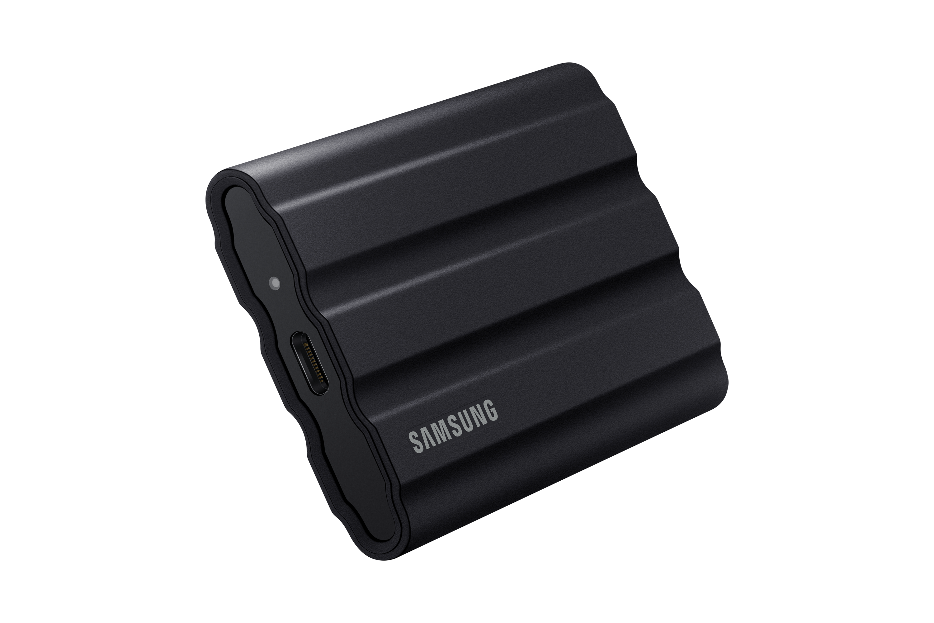 Zwarte draagbare harde schijf met golvend ontwerp, Samsung logo en USB-C poort.