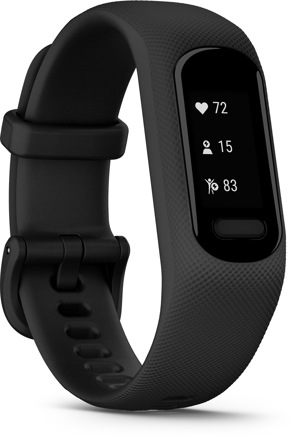 Black fitness tracker. It has a screen that shows stats. The background is white.