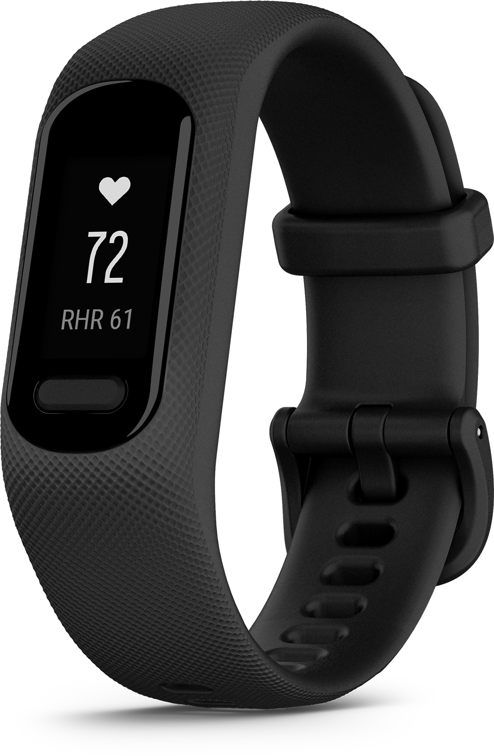 A black smartwatch displays a heart rate of 72. The wristband is textured.
