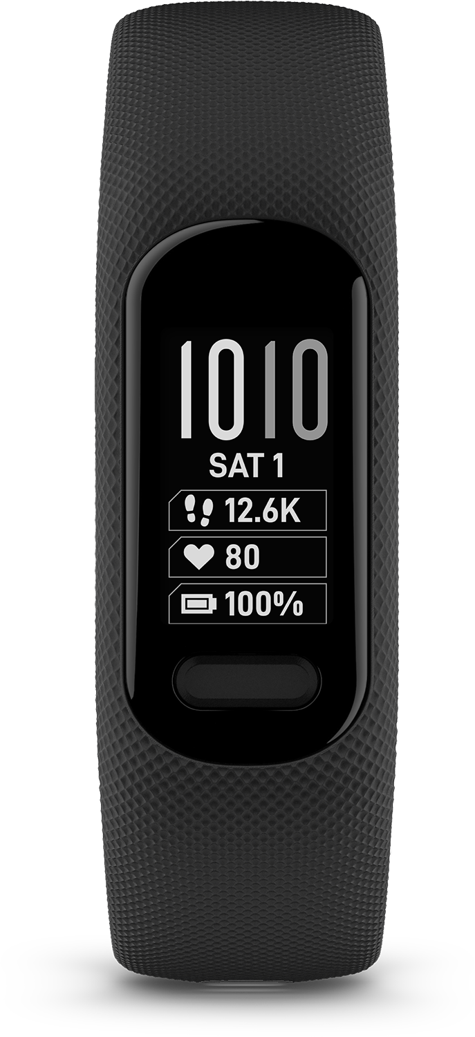 Black fitness tracker with screen displaying stats. Black background.