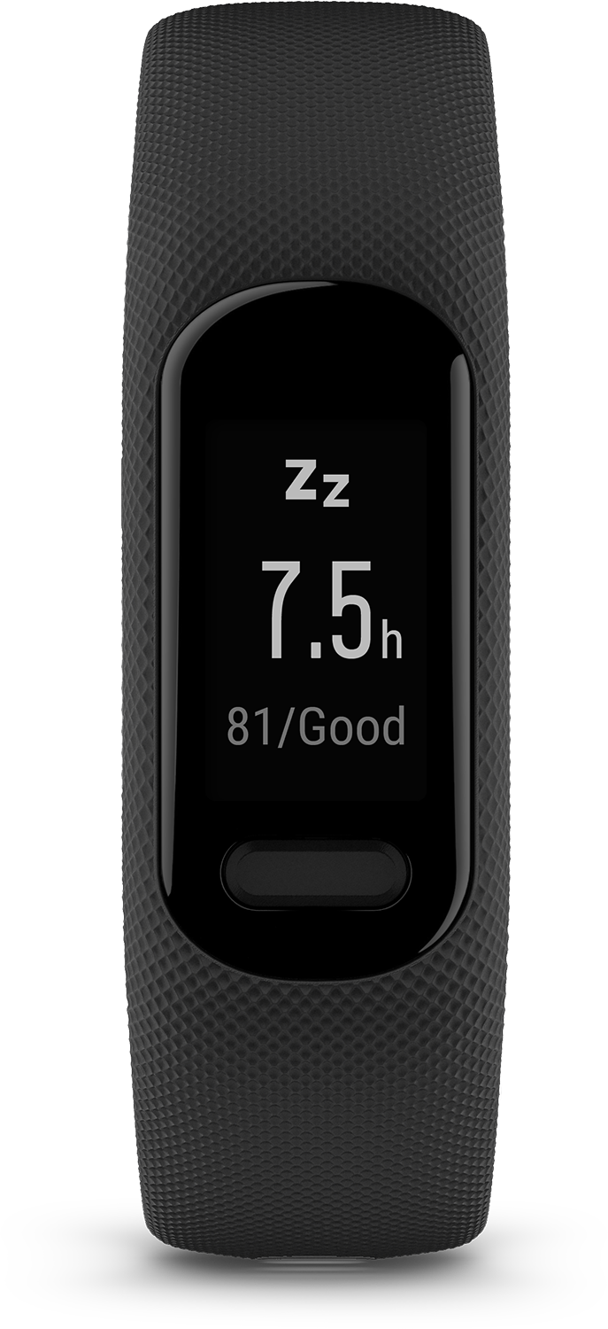 A black fitness tracker displaying sleep data: 7.5 hours, 81/Good.