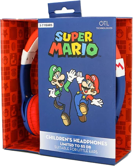 Super Mario gyerek fejhallgató kék-piros dobozban Mario és Luigi-val.