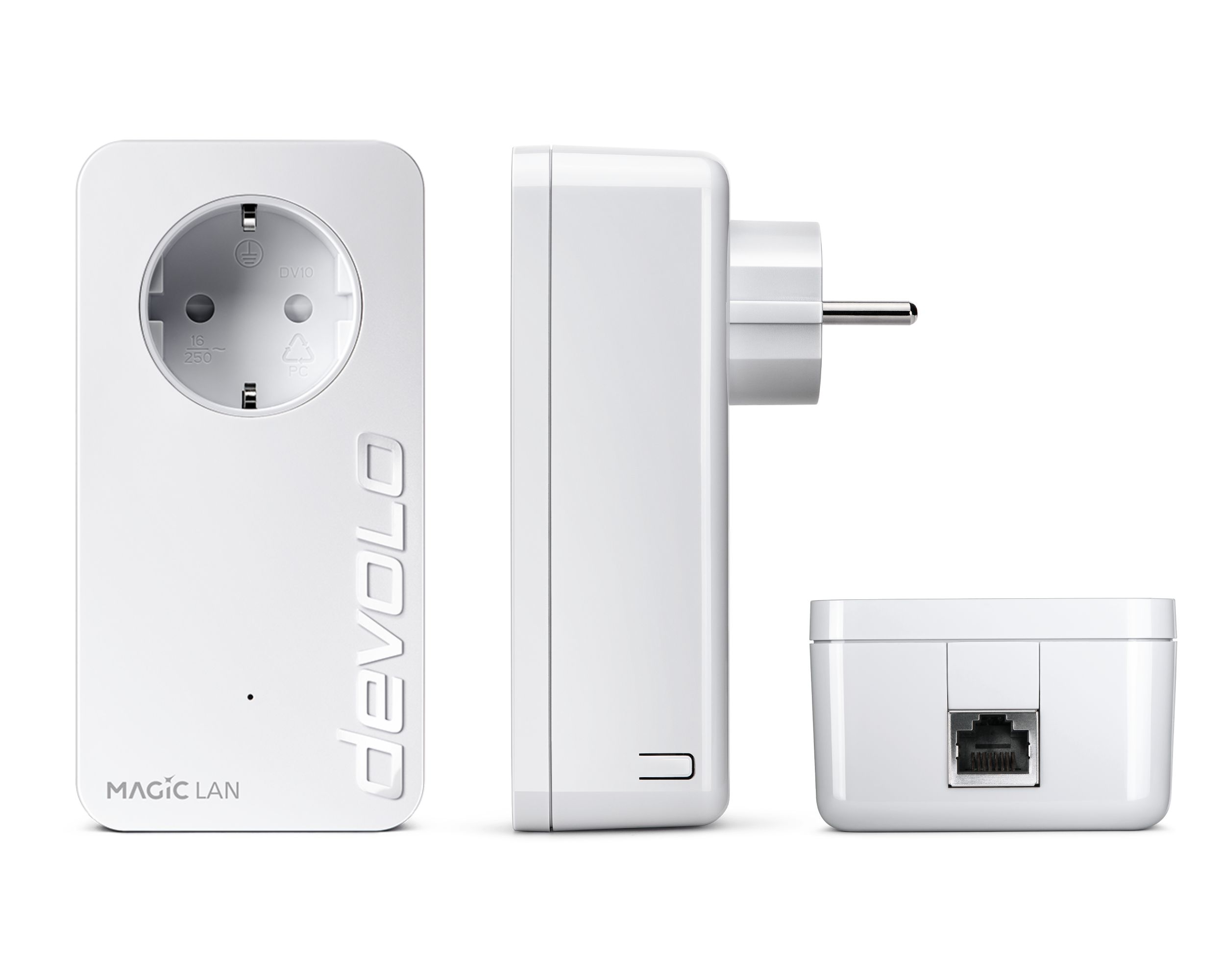 Weißer Powerline-Adapter mit verschiedenen Ansichten: Vorderseite, Seite und Unterseite mit LAN-Anschluss.