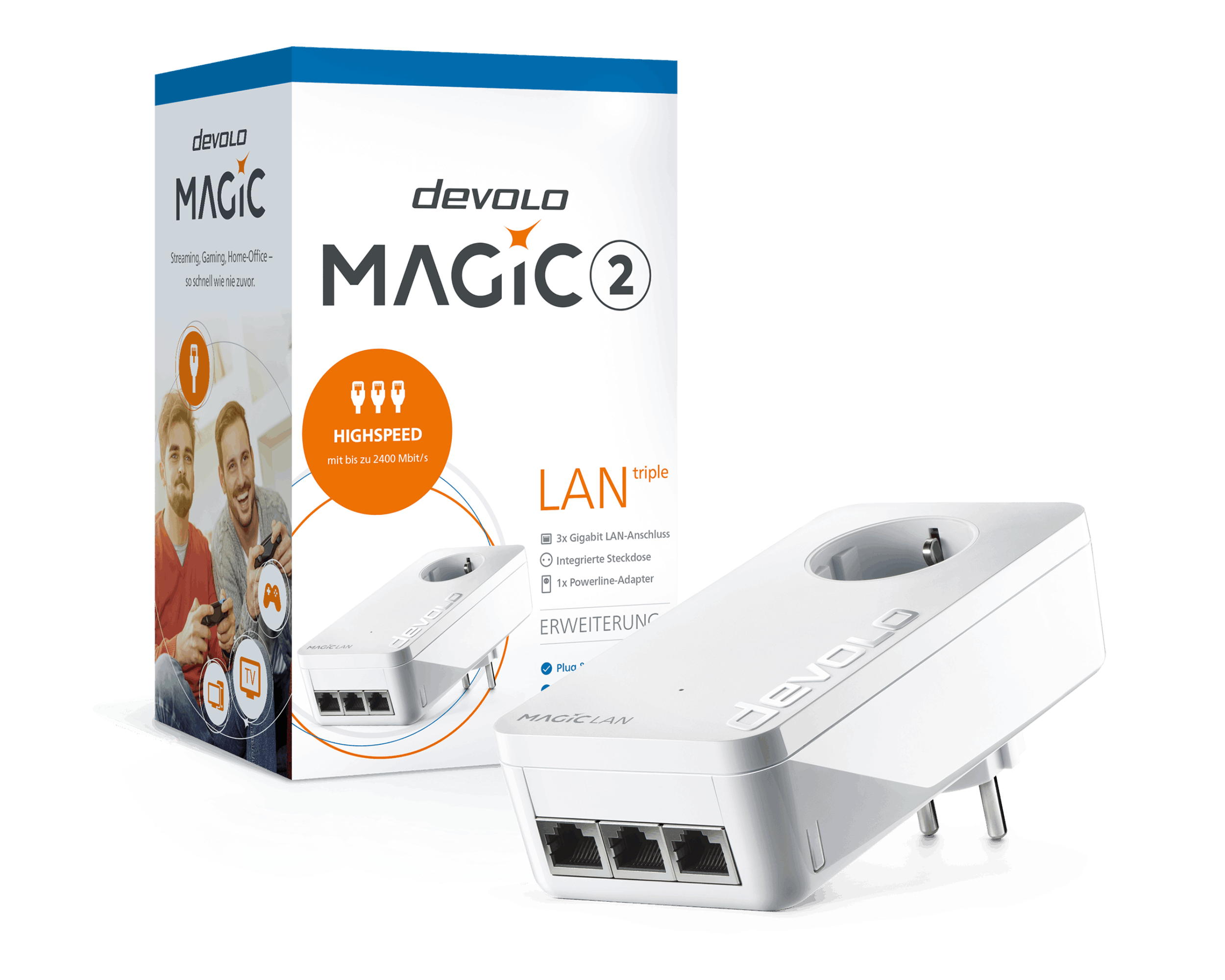 Ein devolo Magic 2 LAN Triple-Set mit drei LAN-Anschlüssen, einer Steckdose und einer Box mit einem Paar darauf.