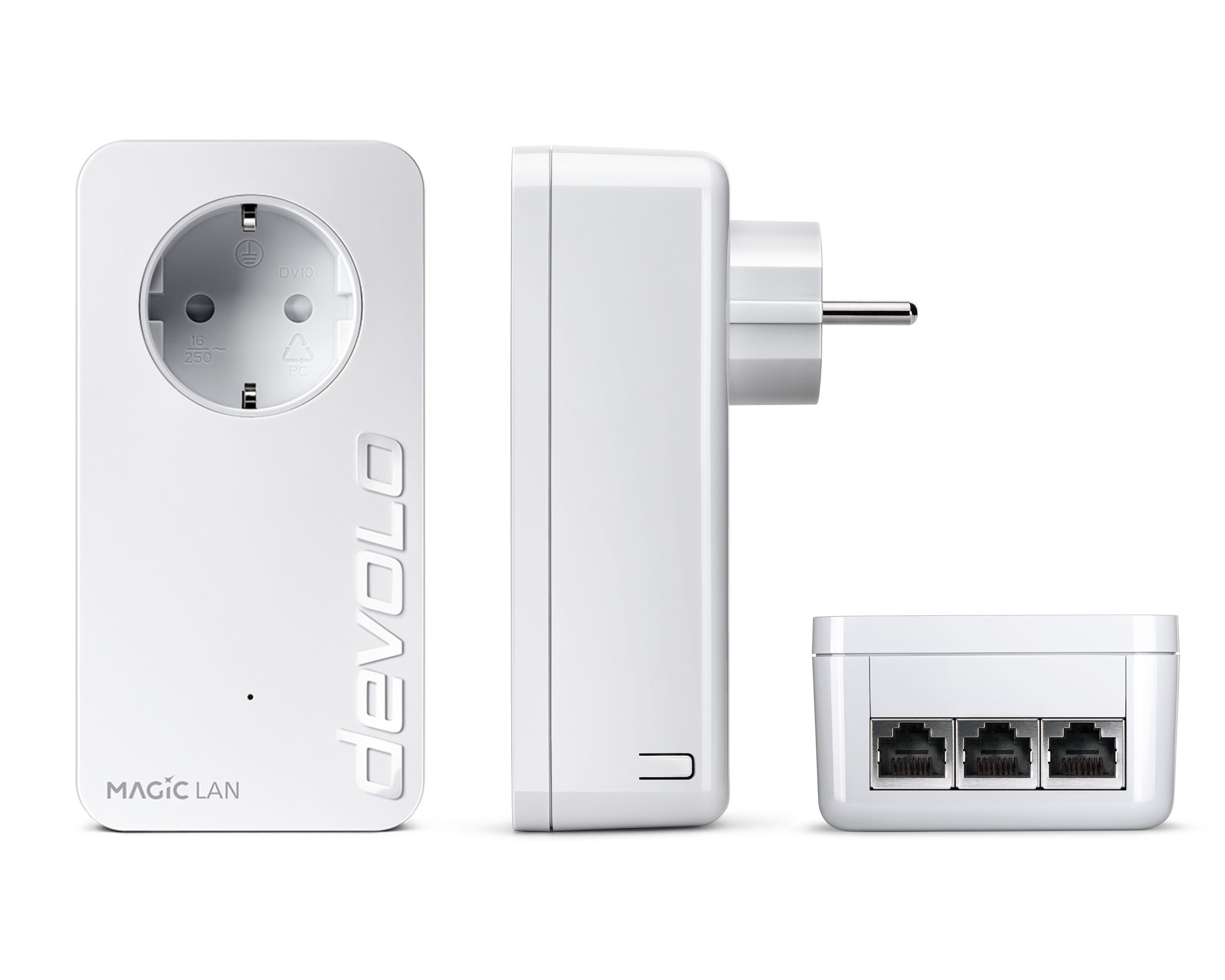 Drei Ansichten eines weißen devolo MAGIC LAN-Geräts. Es hat einen Stecker, Anschlüsse und eine Seitenansicht.