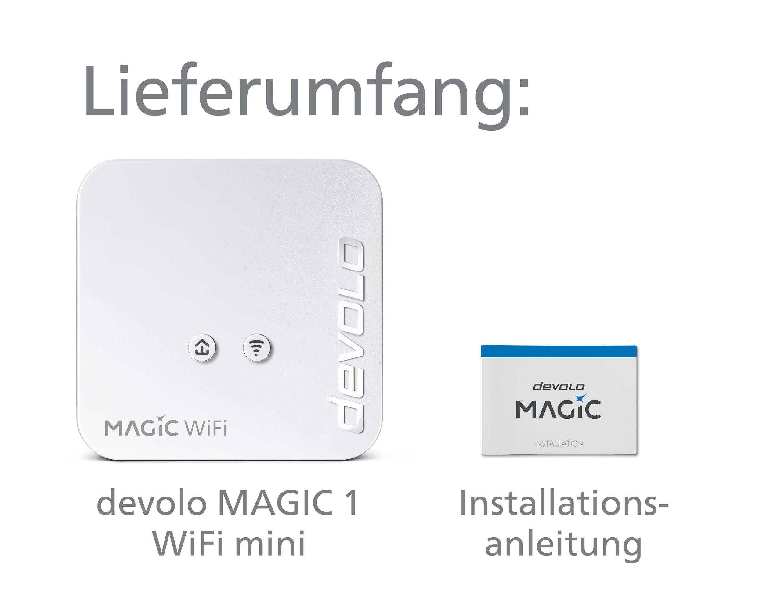 Weißes devolo Magic WiFi mini, Installationsanleitung. Text oben: Lieferumfang.