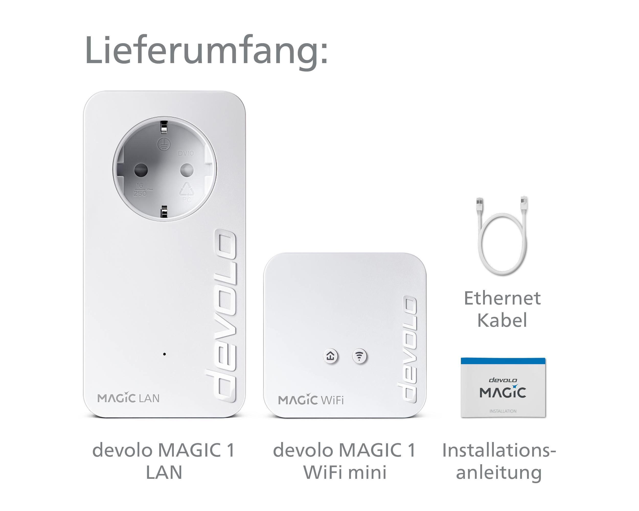 Devolo Magic 1 LAN, WiFi mini, Ethernet-Kabel und Installationsanleitung auf weißem Hintergrund.