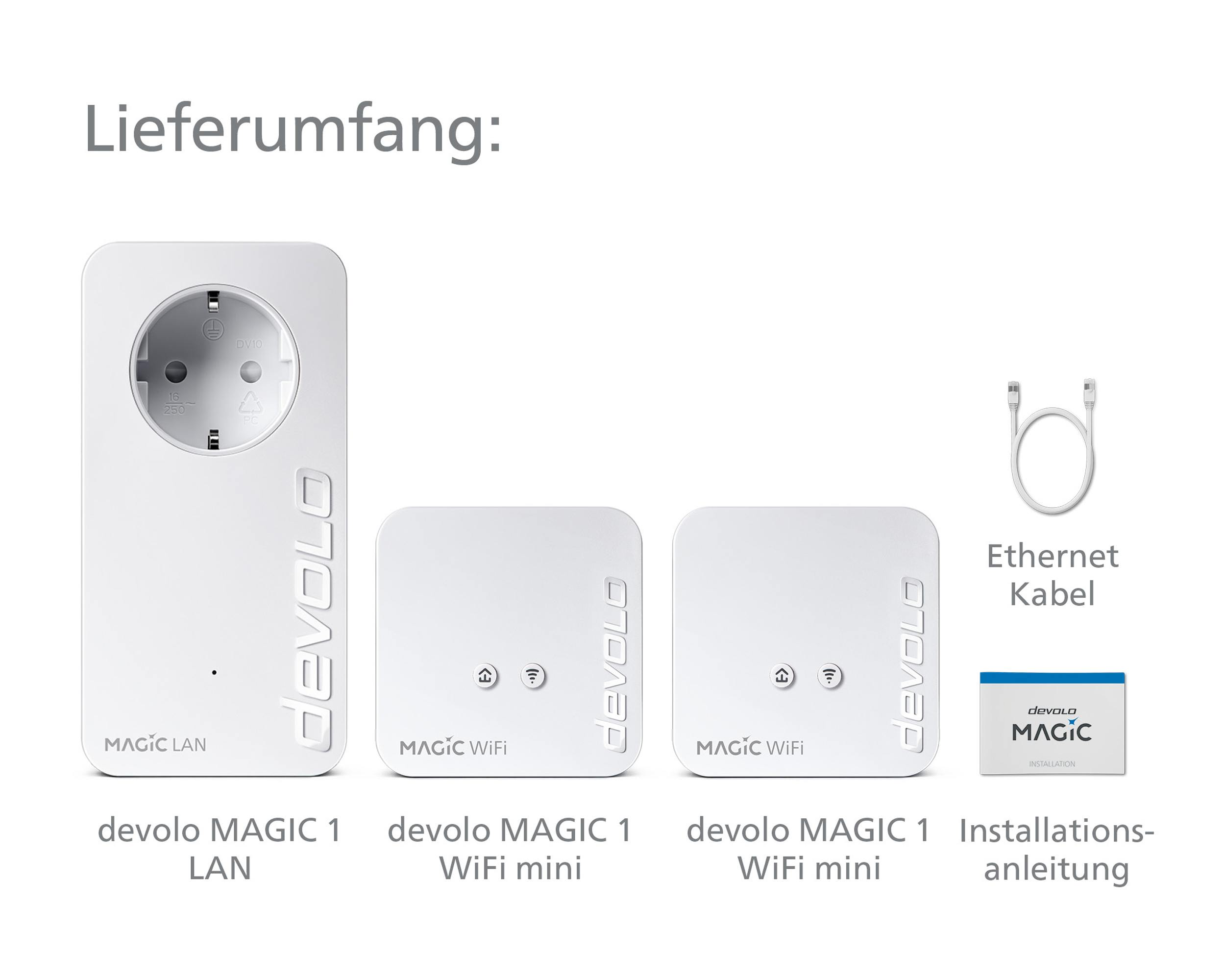 Devolo Magic LAN- und WiFi mini-Geräte mit Kabeln und einer Anleitung.