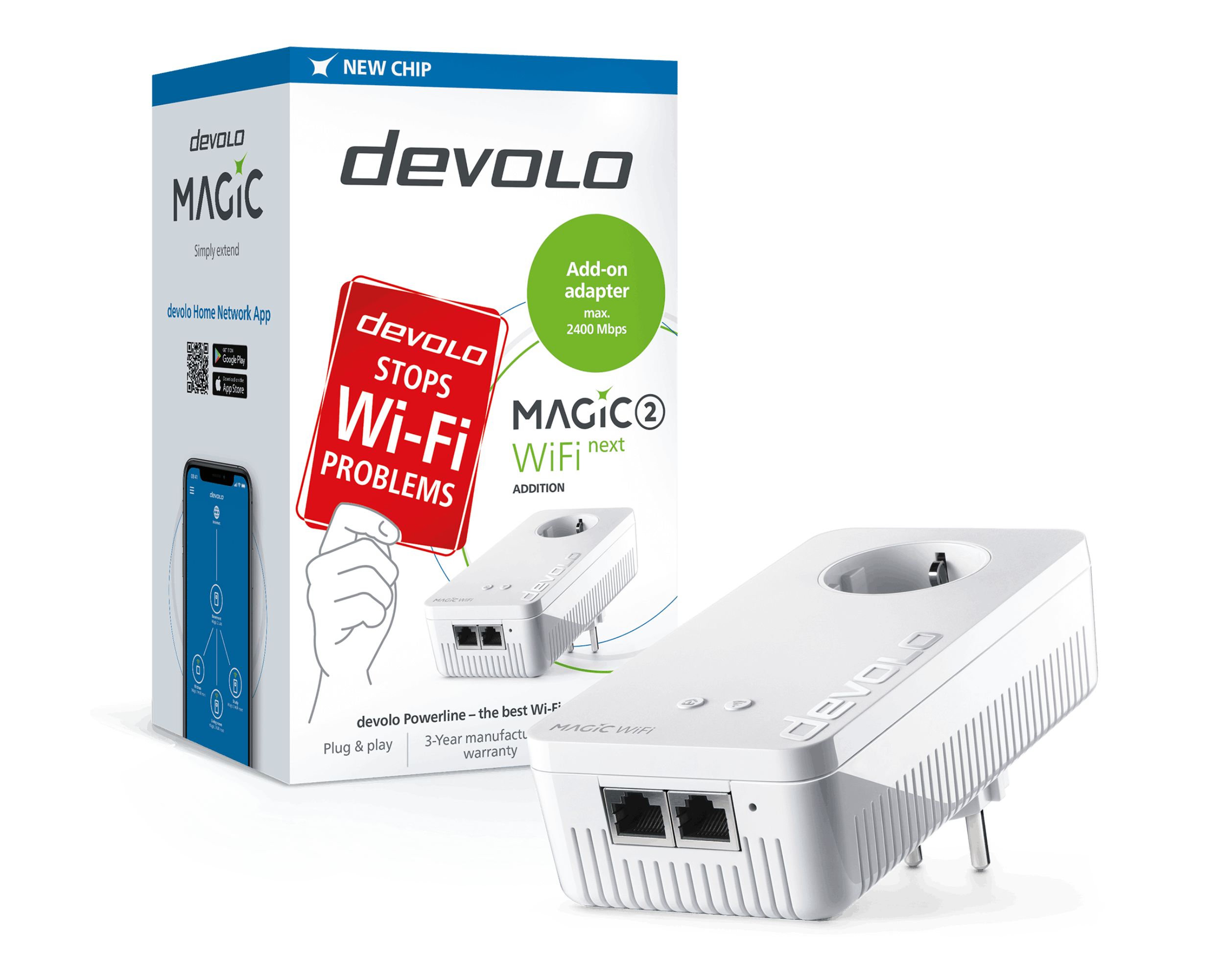Weißer Devlo Magic Wifi-Extender mit Box. Die Box hat Text: Devlo stoppt WLAN-Probleme.