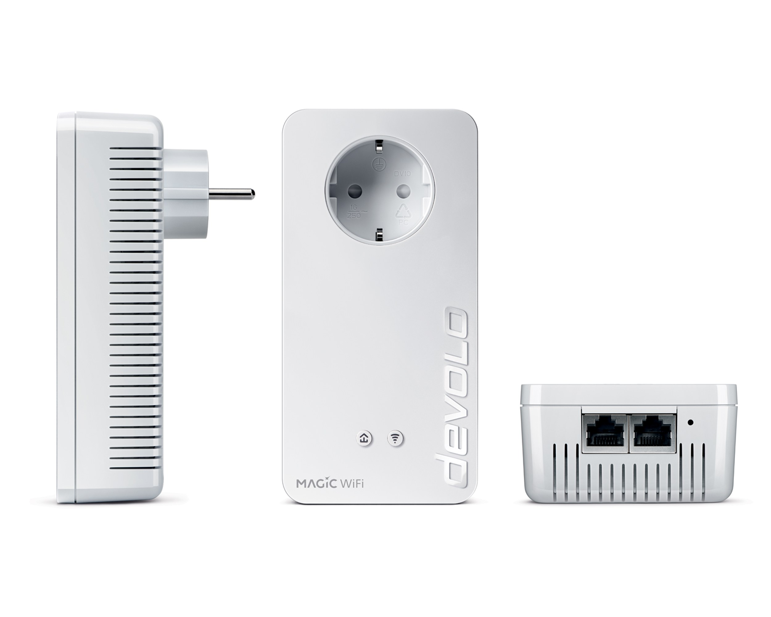Weiße devolo Magic WiFi Geräte, drei verschiedene Ansichten.