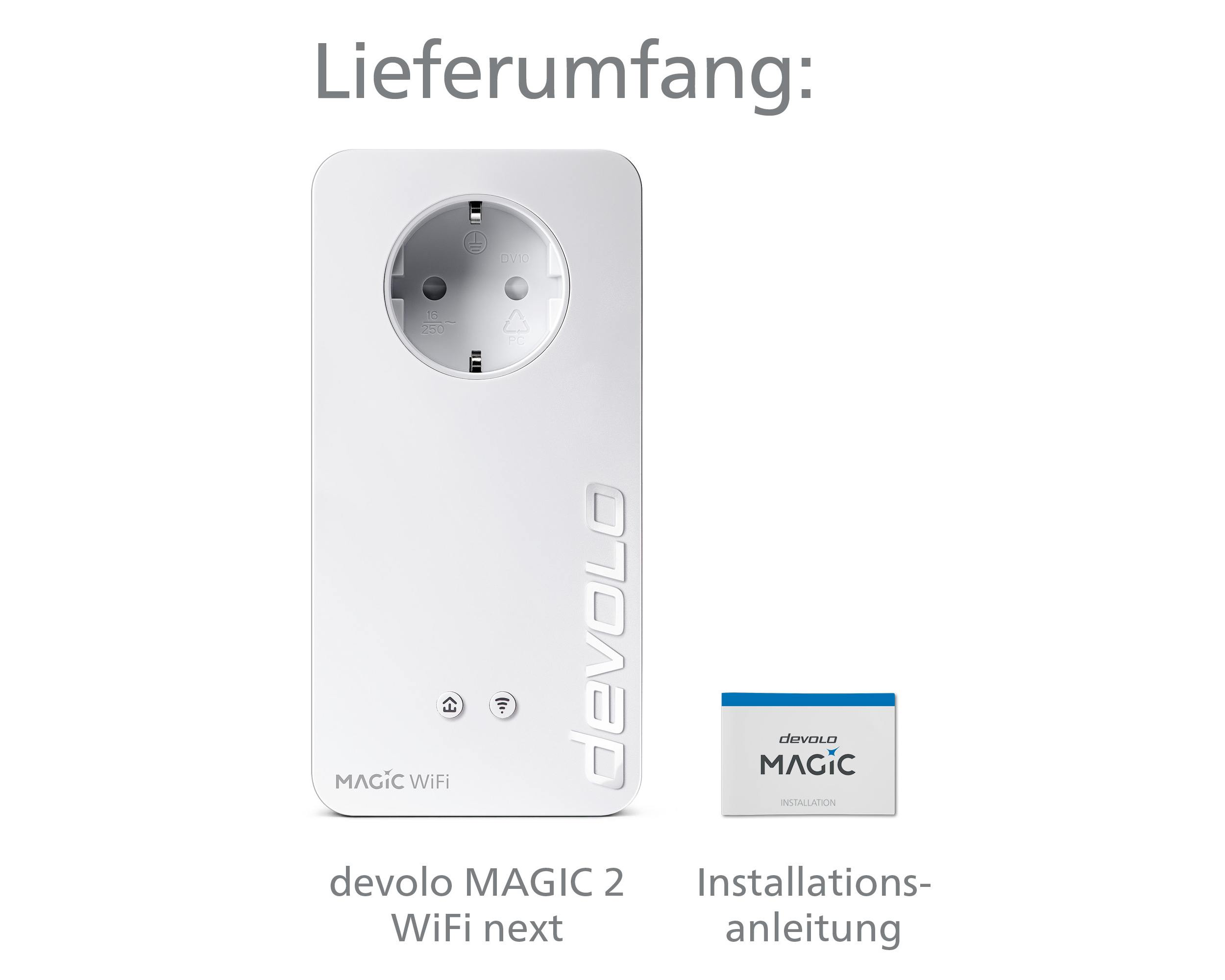 Weißes devolo MAGIC-Gerät mit einer kleinen Box mit der Aufschrift 'Installationsanleitung'.