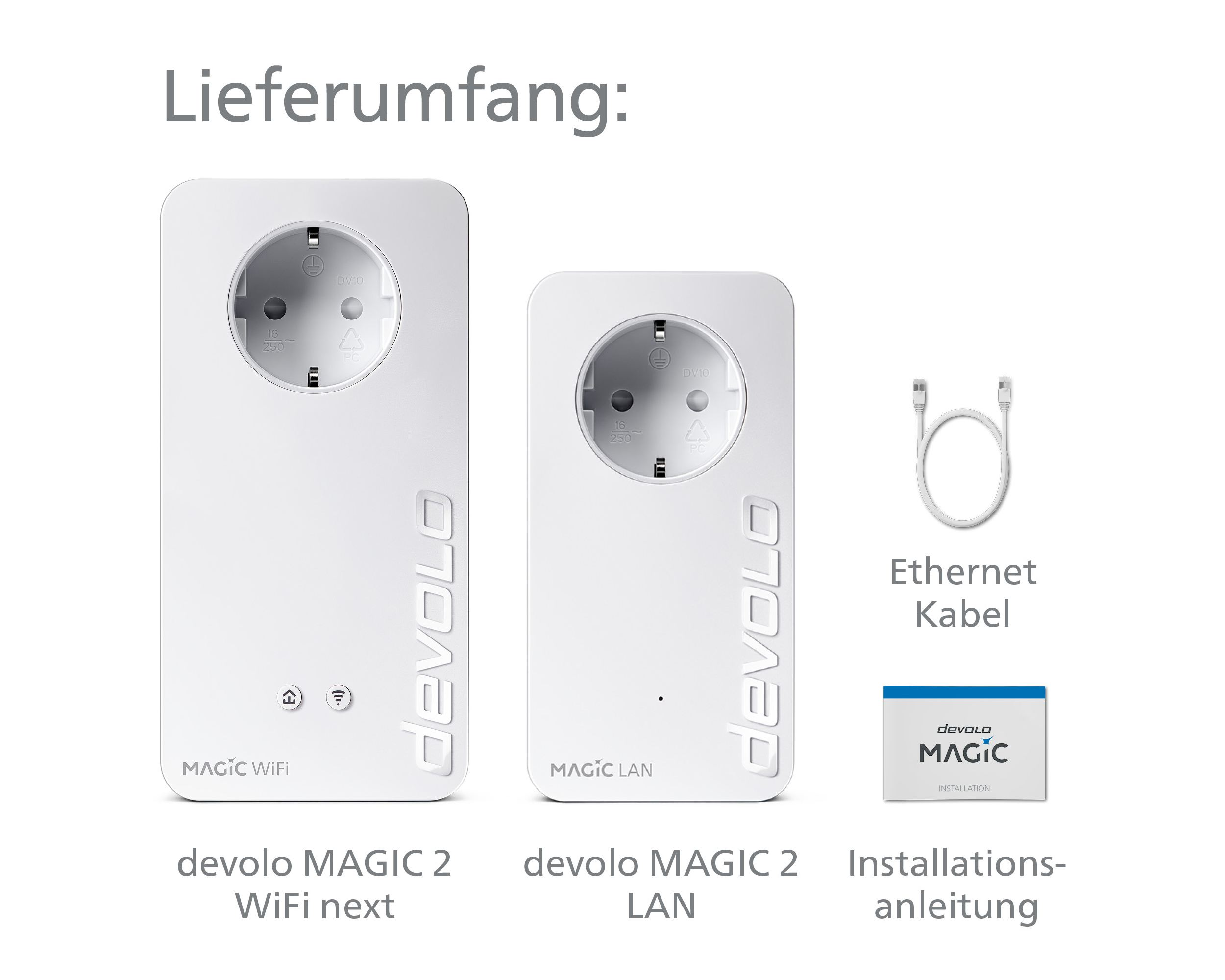 Drei weiße Powerline-Adapter und ein Kabel mit Text auf weißem Hintergrund.