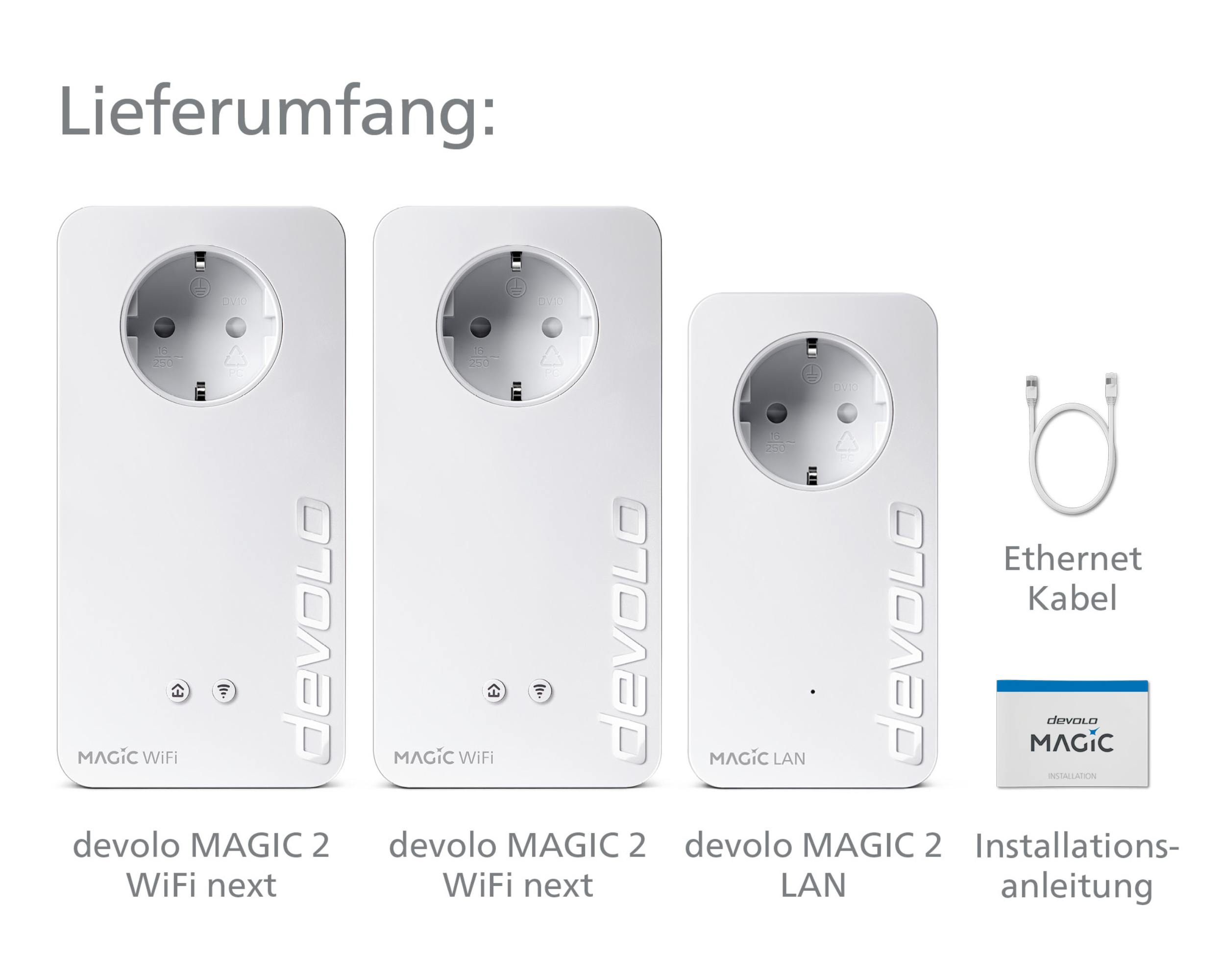 Weiße devolo MAGIC 2 Wi-Fi next und LAN Adapter mit einem Ethernet-Kabel.