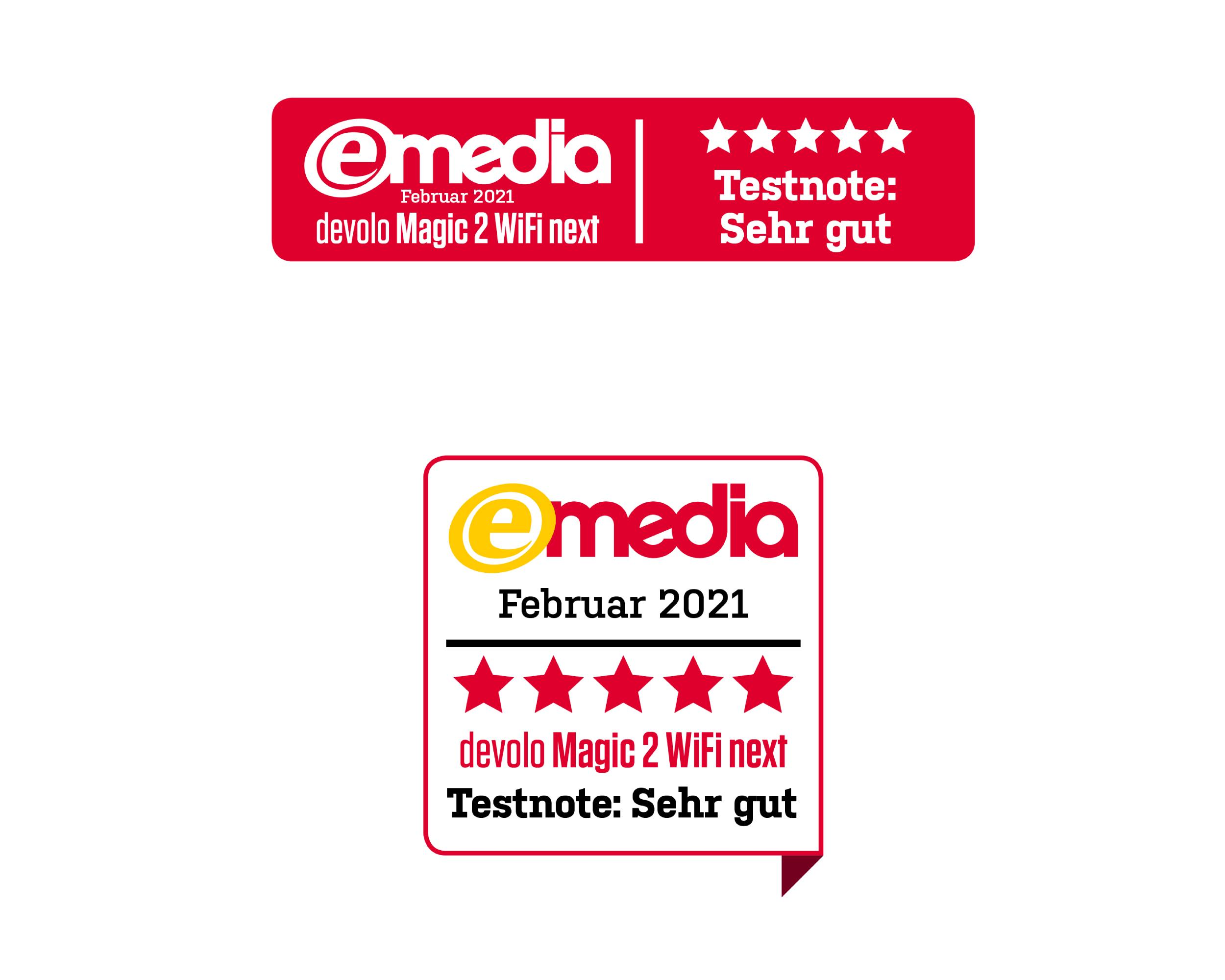 Zwei eMedia-Logos mit je fünf Sternen, die Devola Magic 2 WiFi next bewerben, Testnote: Sehr gut.