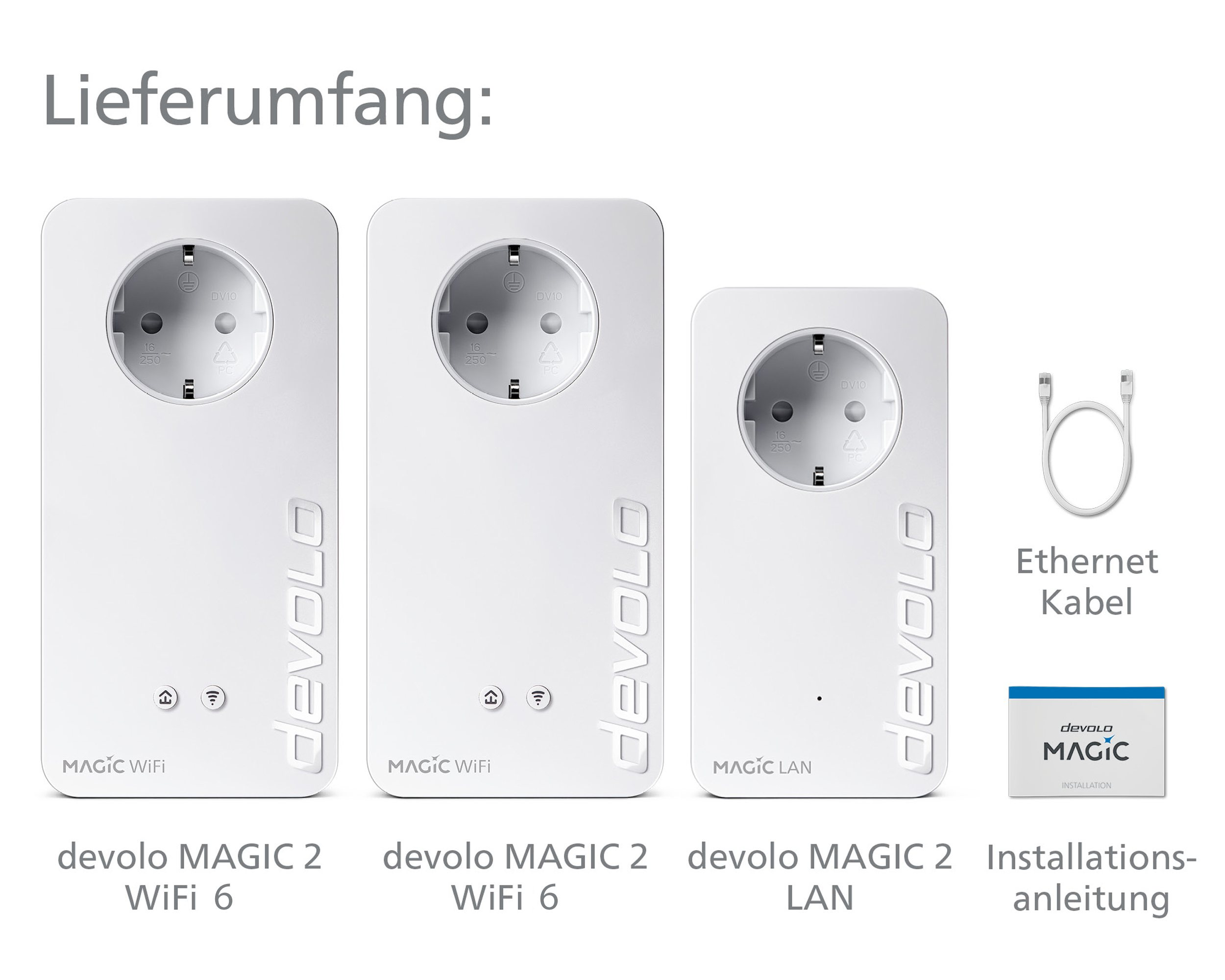 Das Bild zeigt weiße devolo Magic WiFi-Adapter, ein Ethernet-Kabel und eine Installationsanleitung.