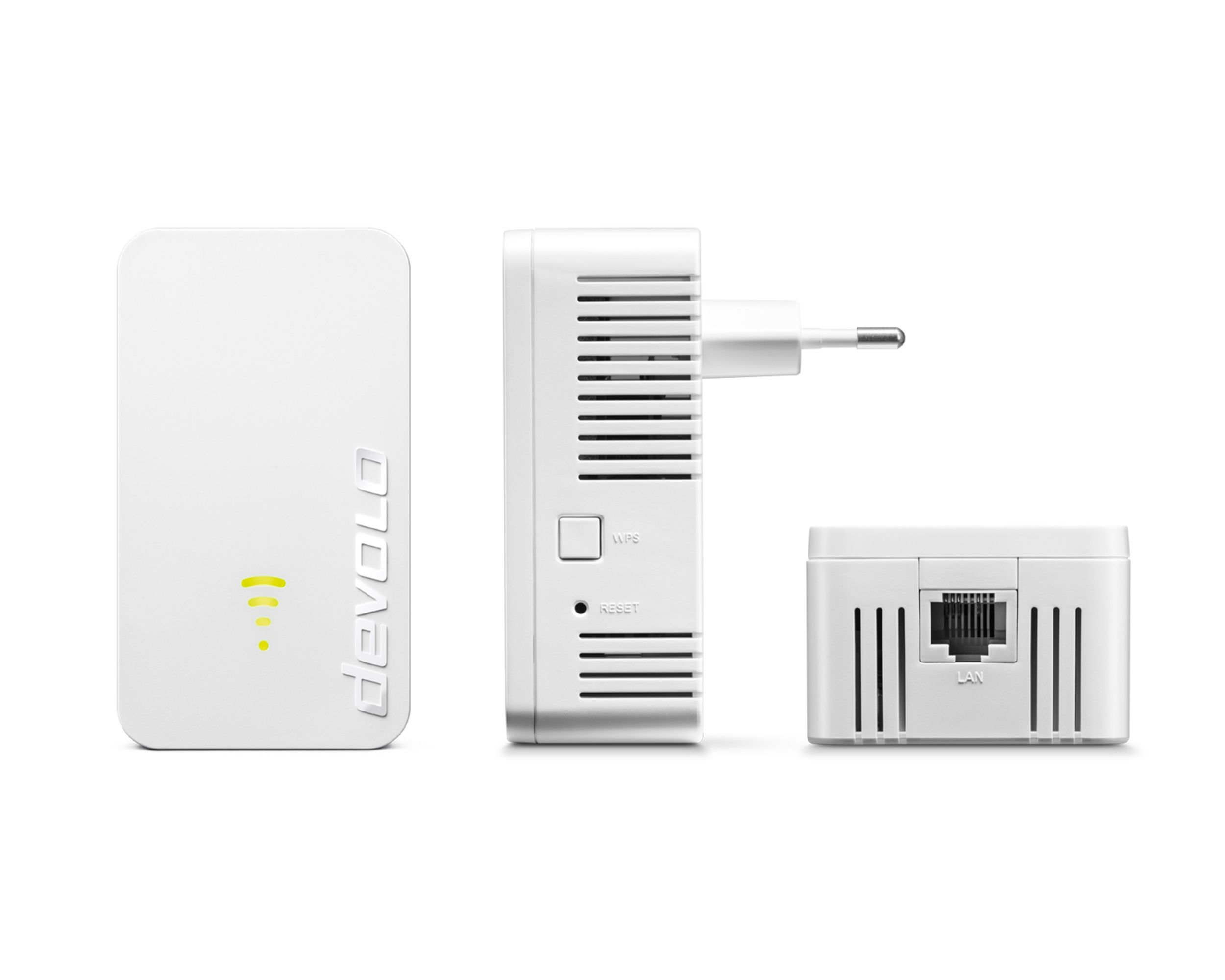 Weißer WLAN-Repeater mit drei Ansichten: Vorne, Seite mit Stecker und hinten mit LAN-Anschluss.