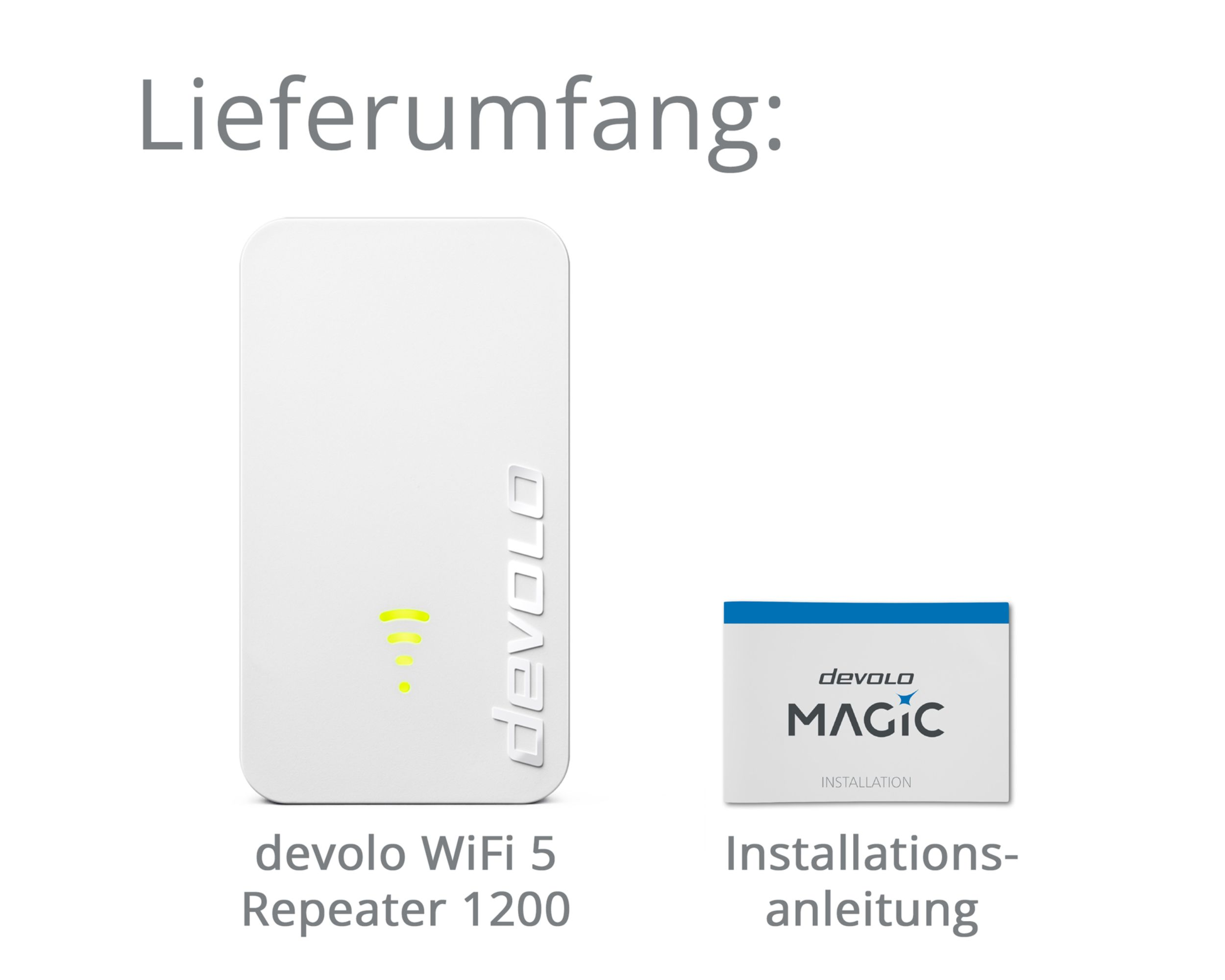 Weiße Box mit WiFi-Repeater und Bedienungsanleitung, Text: devolo WiFi 5 Repeater 1200.