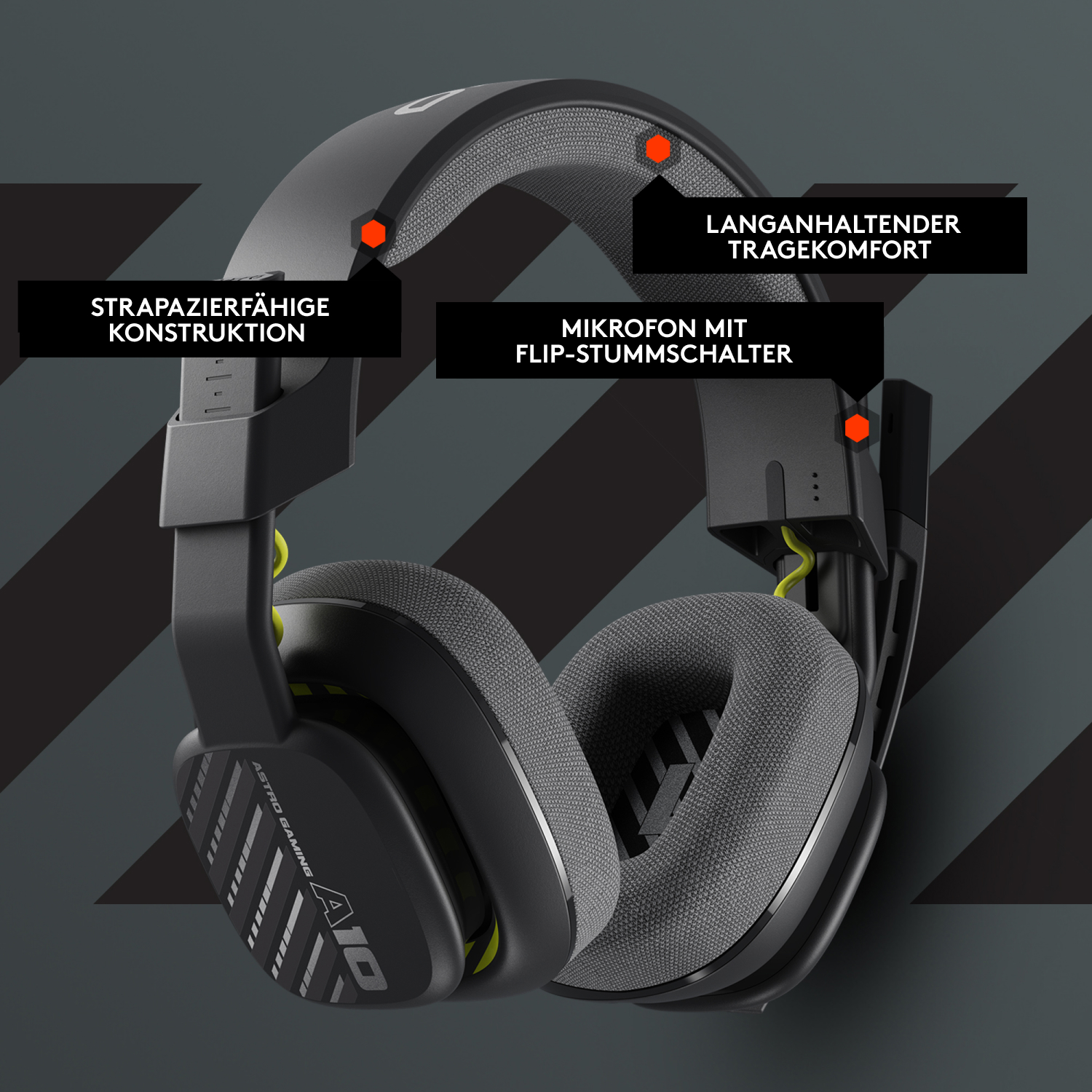 Schwarzes und graues Astro A10 Gaming-Headset mit Textbeschriftungen für Funktionen.