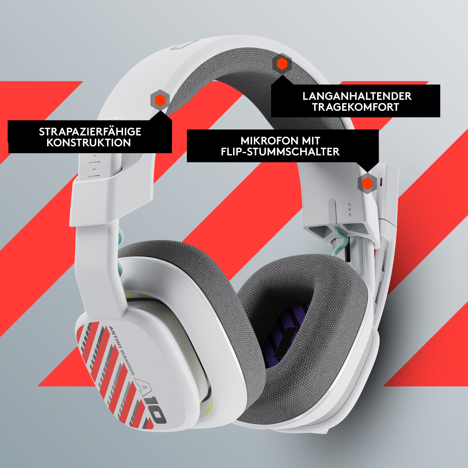 Weißes Gaming-Headset mit roten Akzenten und Textbeschriftungen für Funktionen wie robuste Konstruktion und Flip-Stummschaltung.