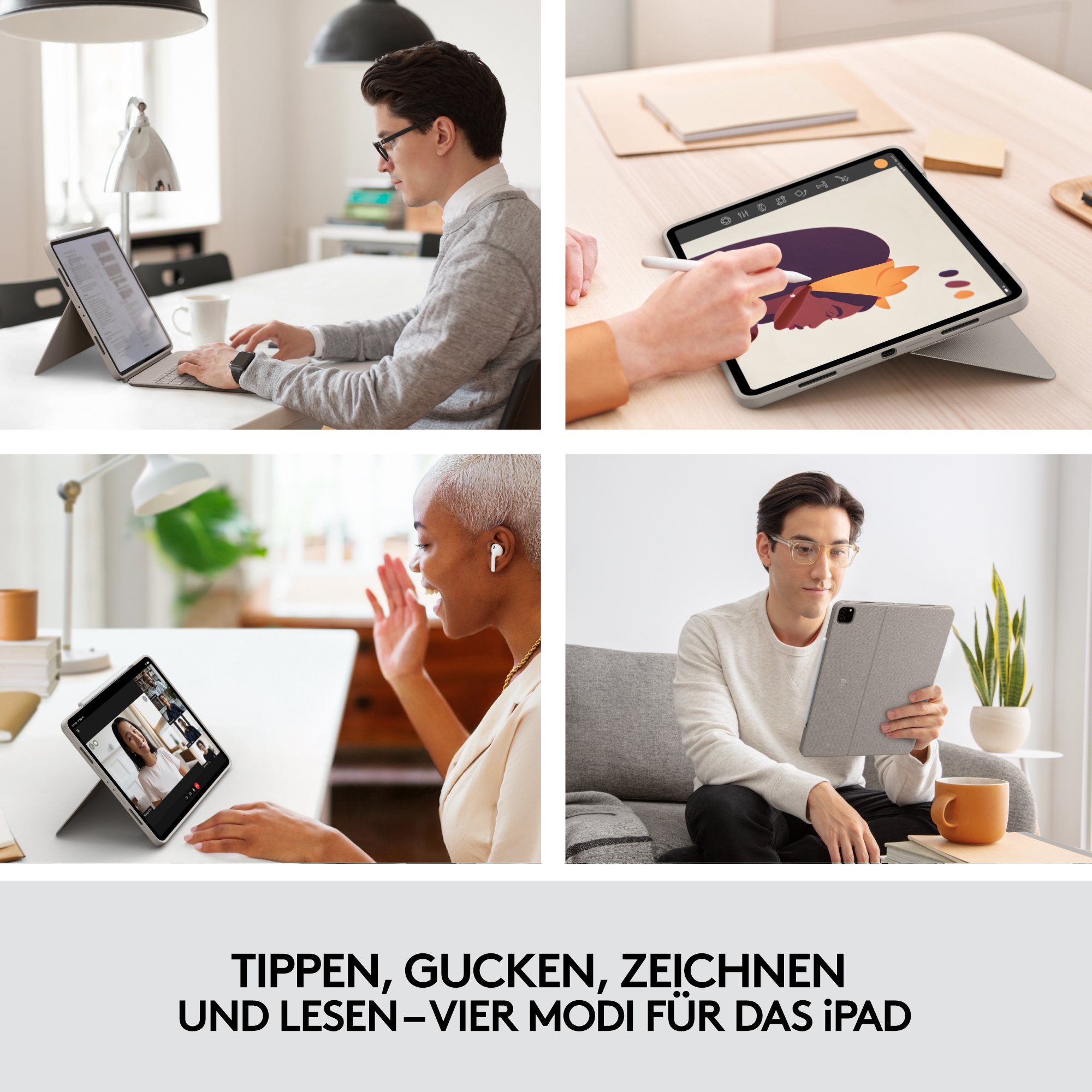 Vier Bilder von Personen, die iPads für verschiedene Aktivitäten wie Tippen, Zeichnen und Videoanrufe verwenden.
