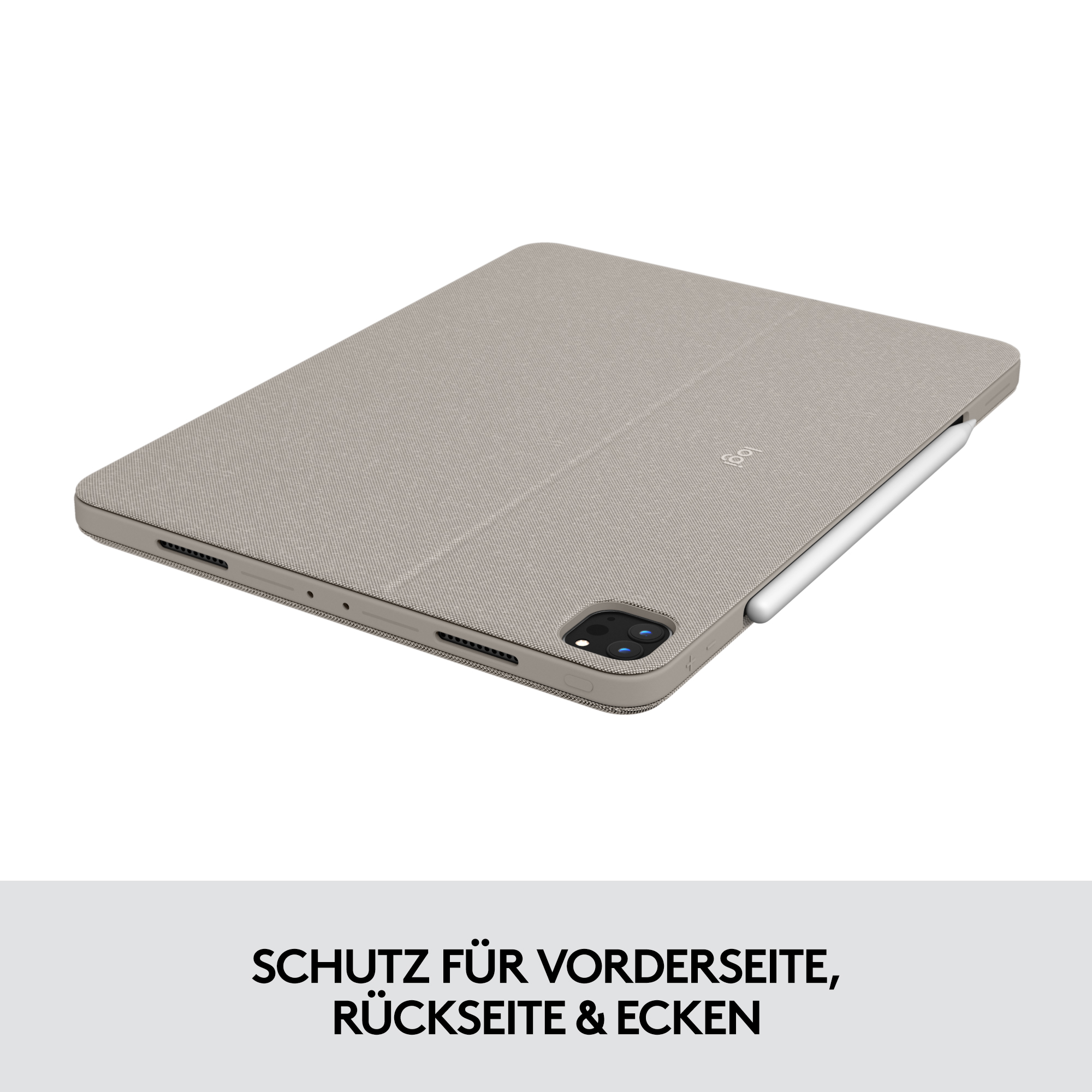 Hellgraue iPad-Hülle mit einem angebrachten weißen Stift. Text: Schutz für Vorderseite, Rückseite & Ecken.