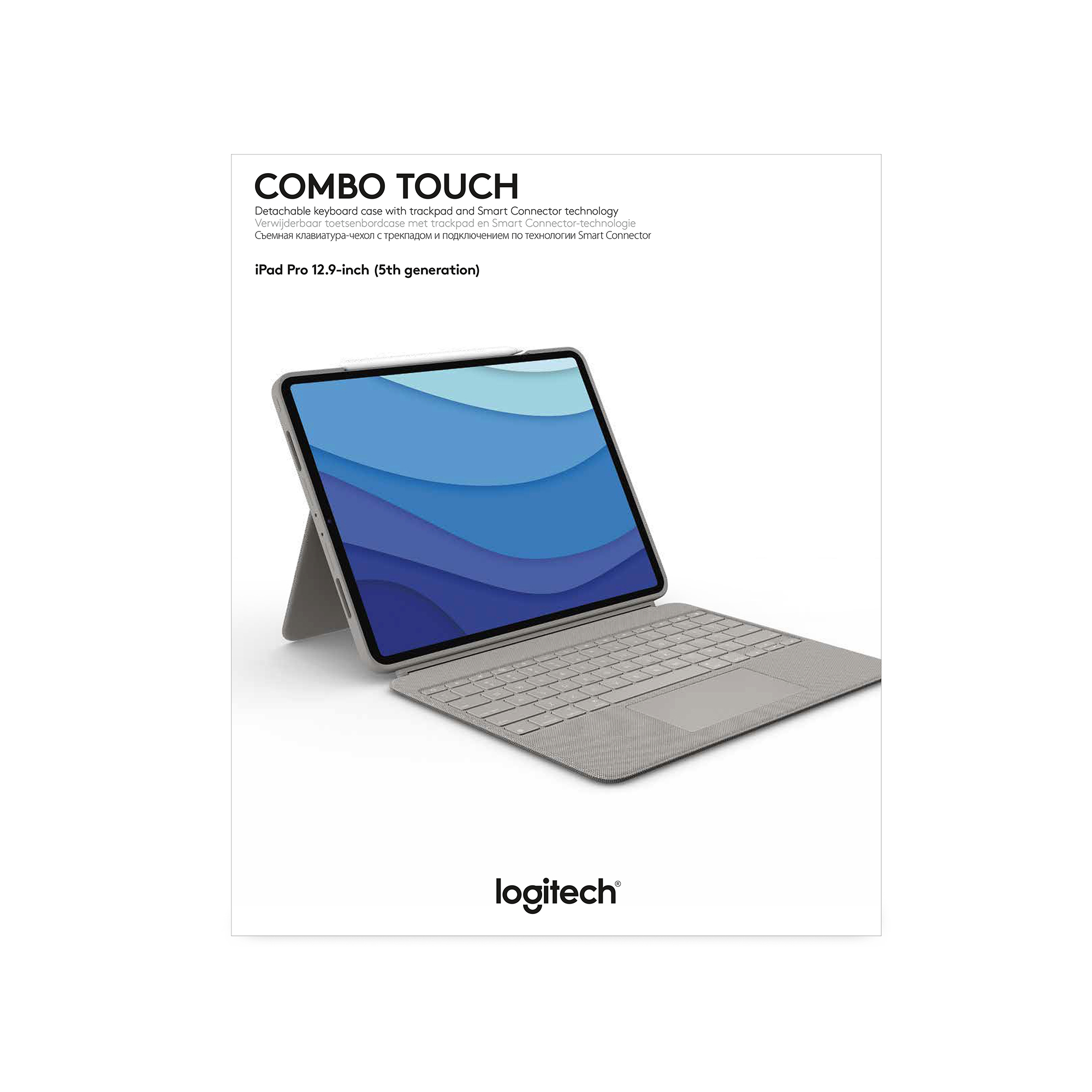 Ein weißes Logitech Combo Touch Case mit einem iPad Pro, das eine Tastatur und einen Stift zeigt.