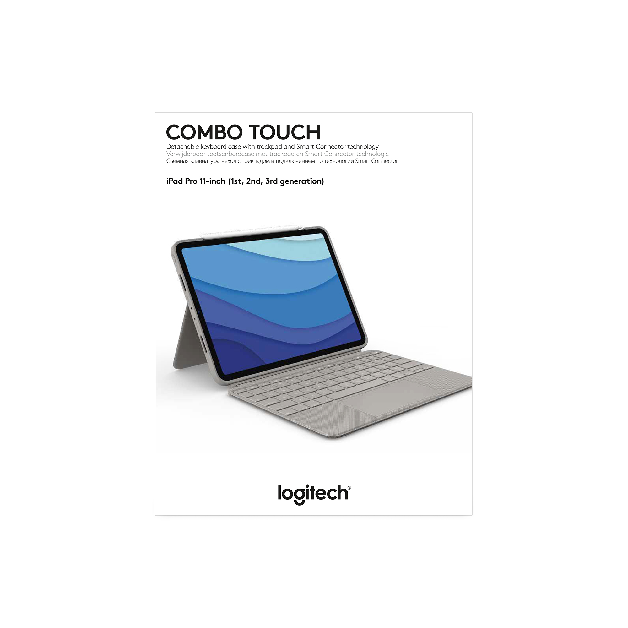 Ein iPad Pro mit Tastaturhülle, das Gerät und seine Hülle in einer Studio-Umgebung zeigend.