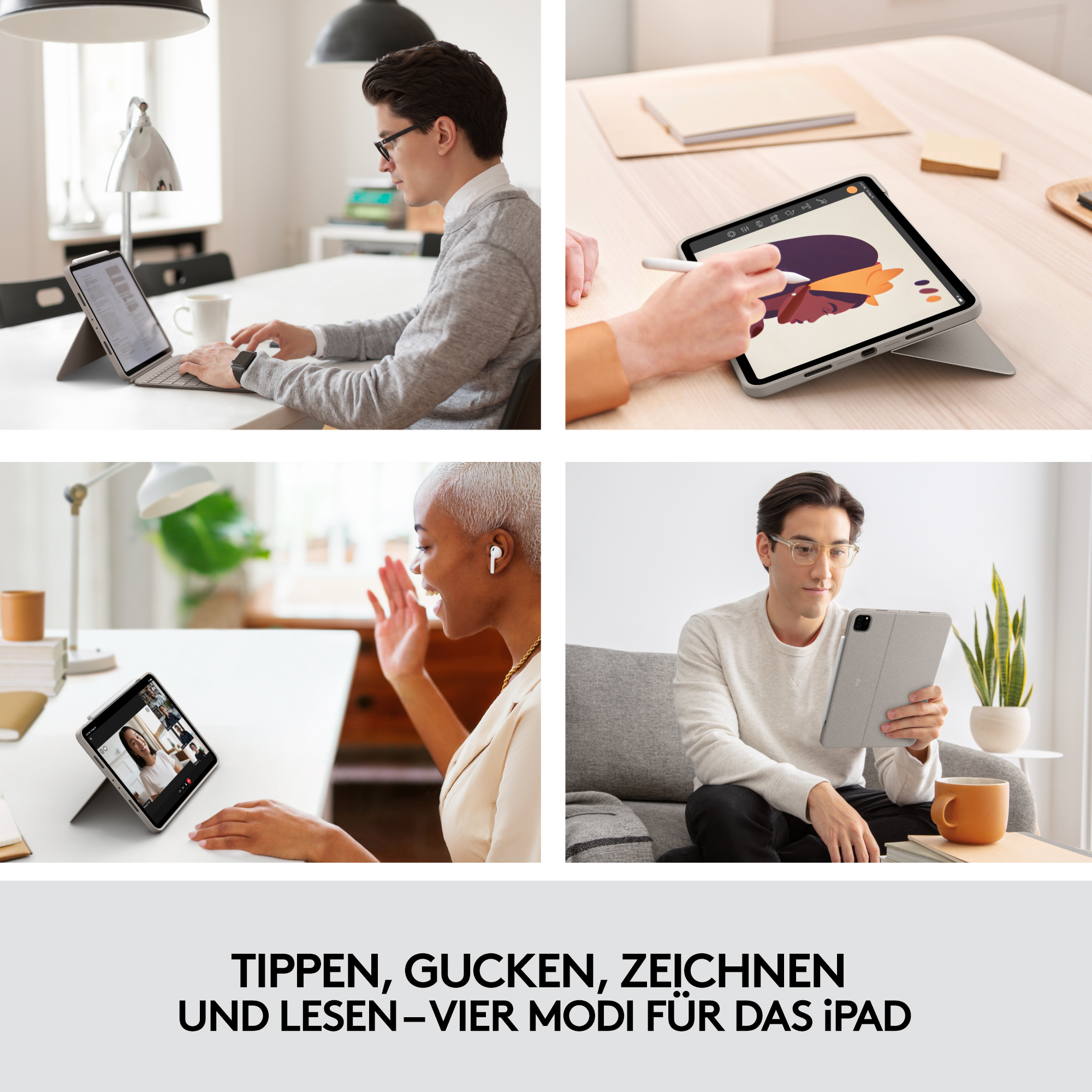 Vier Bilder, die zeigen, wie Menschen ein iPad in verschiedenen Modi verwenden: Tippen, Zeichnen, Videoanruf und Lesen.