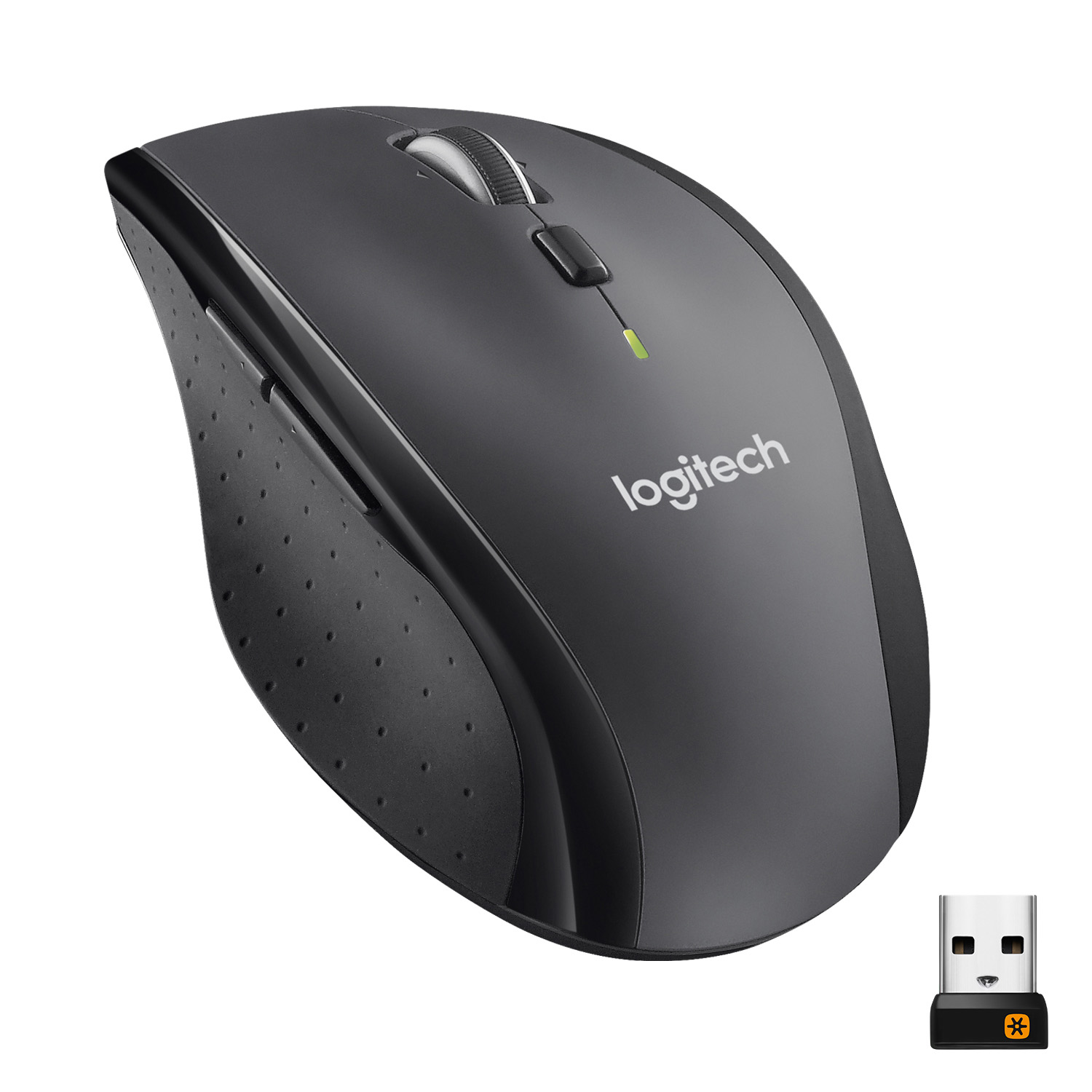 Eine dunkelgraue kabellose Logitech-Maus mit Scrollrad und Tasten sowie einem USB-Empfänger.