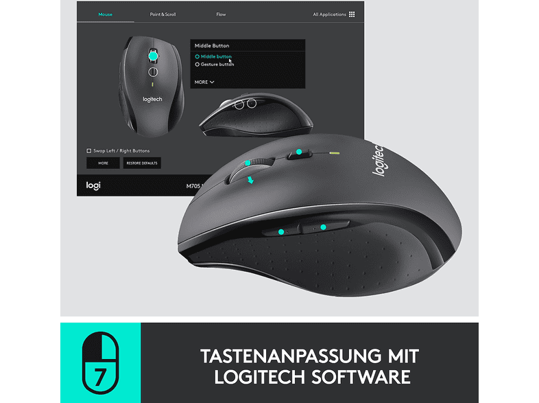 LOGITECH M705 Marathon Kabellose Maus, USB-Empfänger, Schwarz; PC Maus — Foto 3 von 5