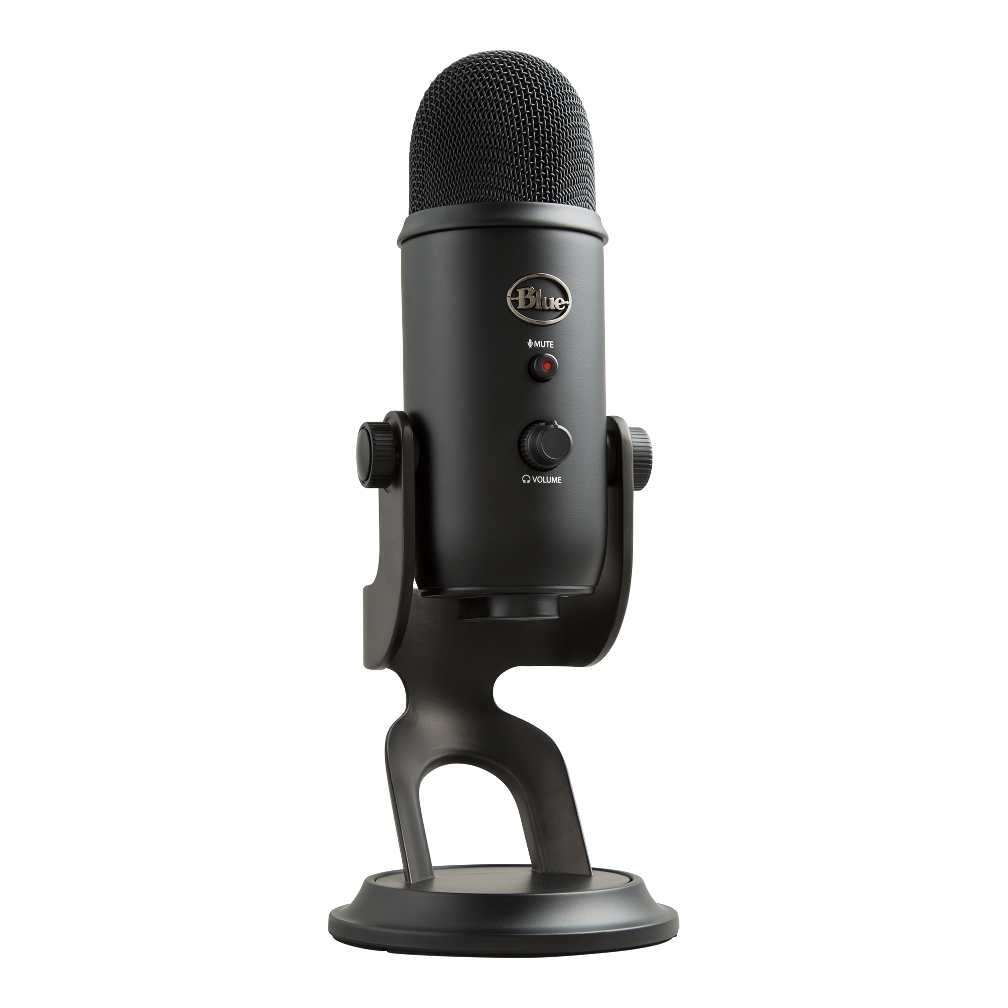 Ein schwarzes Blue Yeti Mikrofon auf einem schwarzen Ständer. Es hat eine Stummschalttaste und einen Lautstärkeregler.