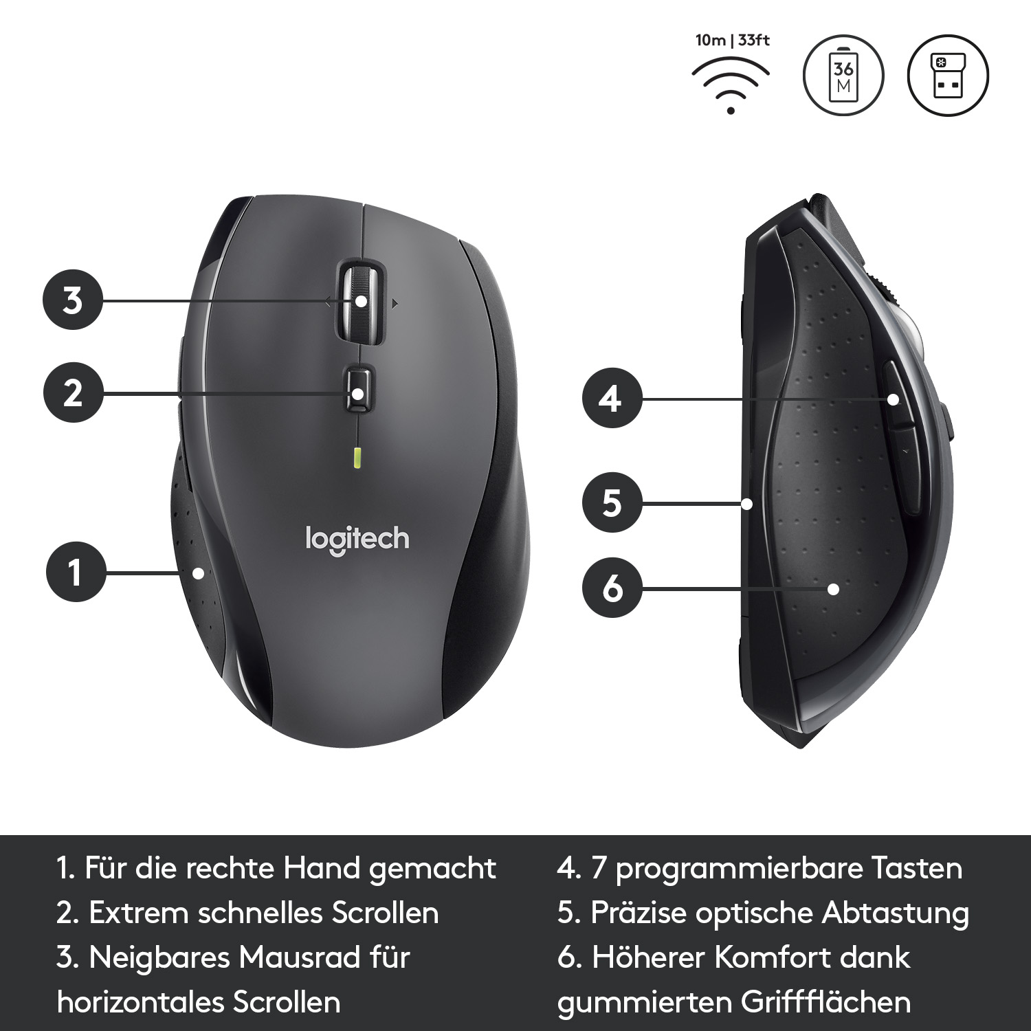 Eine schwarze ergonomische Maus mit nummerierten Etiketten. Die Maus liegt auf der Seite und oben.