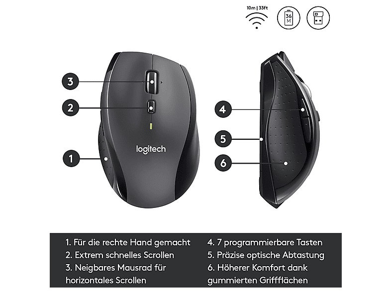 LOGITECH M705 Marathon Kabellose Maus, USB-Empfänger, Schwarz; PC Maus — Foto 5 von 5